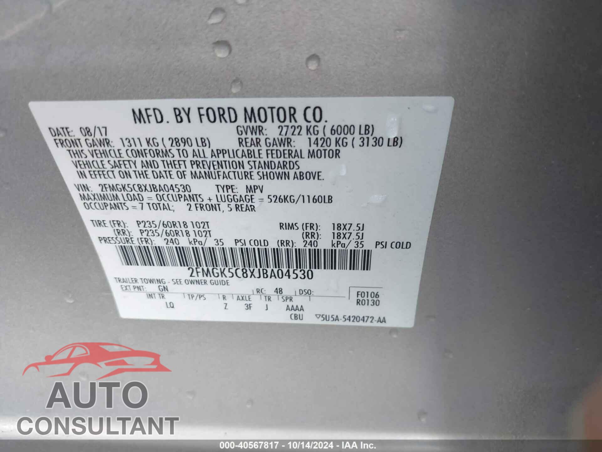 FORD FLEX 2018 - 2FMGK5C8XJBA04530