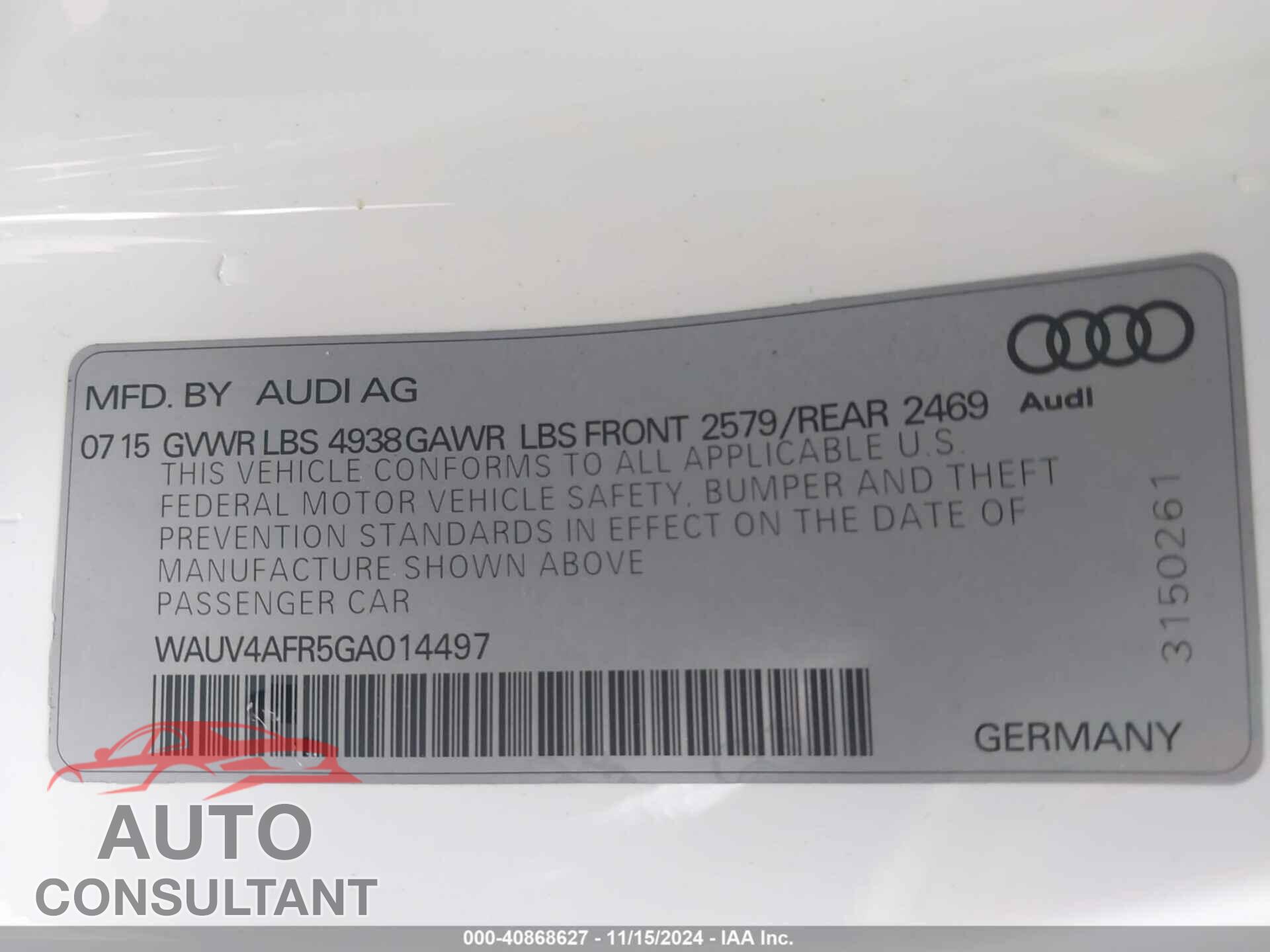 AUDI S5 2016 - WAUV4AFR5GA014497