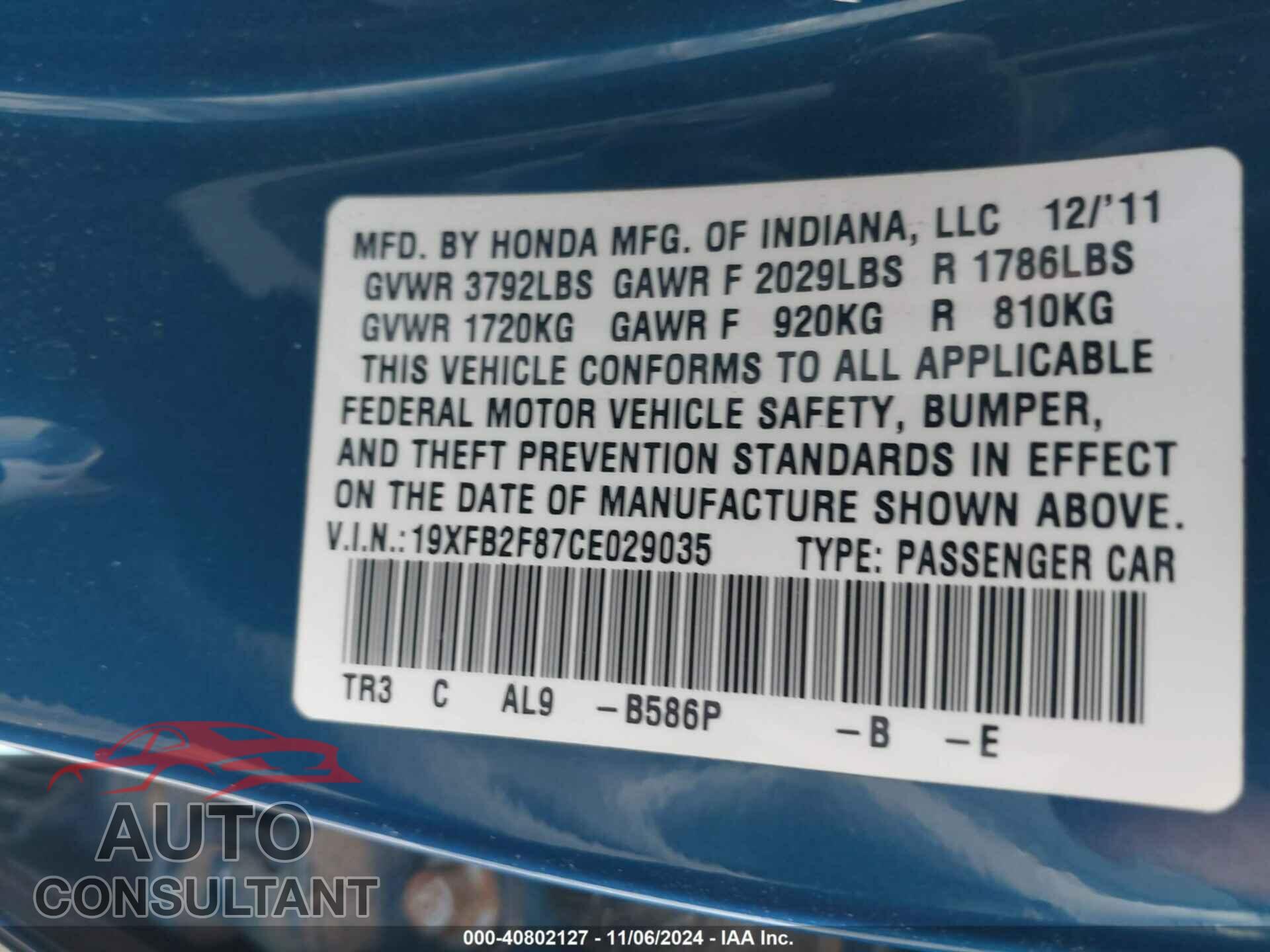HONDA CIVIC 2012 - 19XFB2F87CE029035
