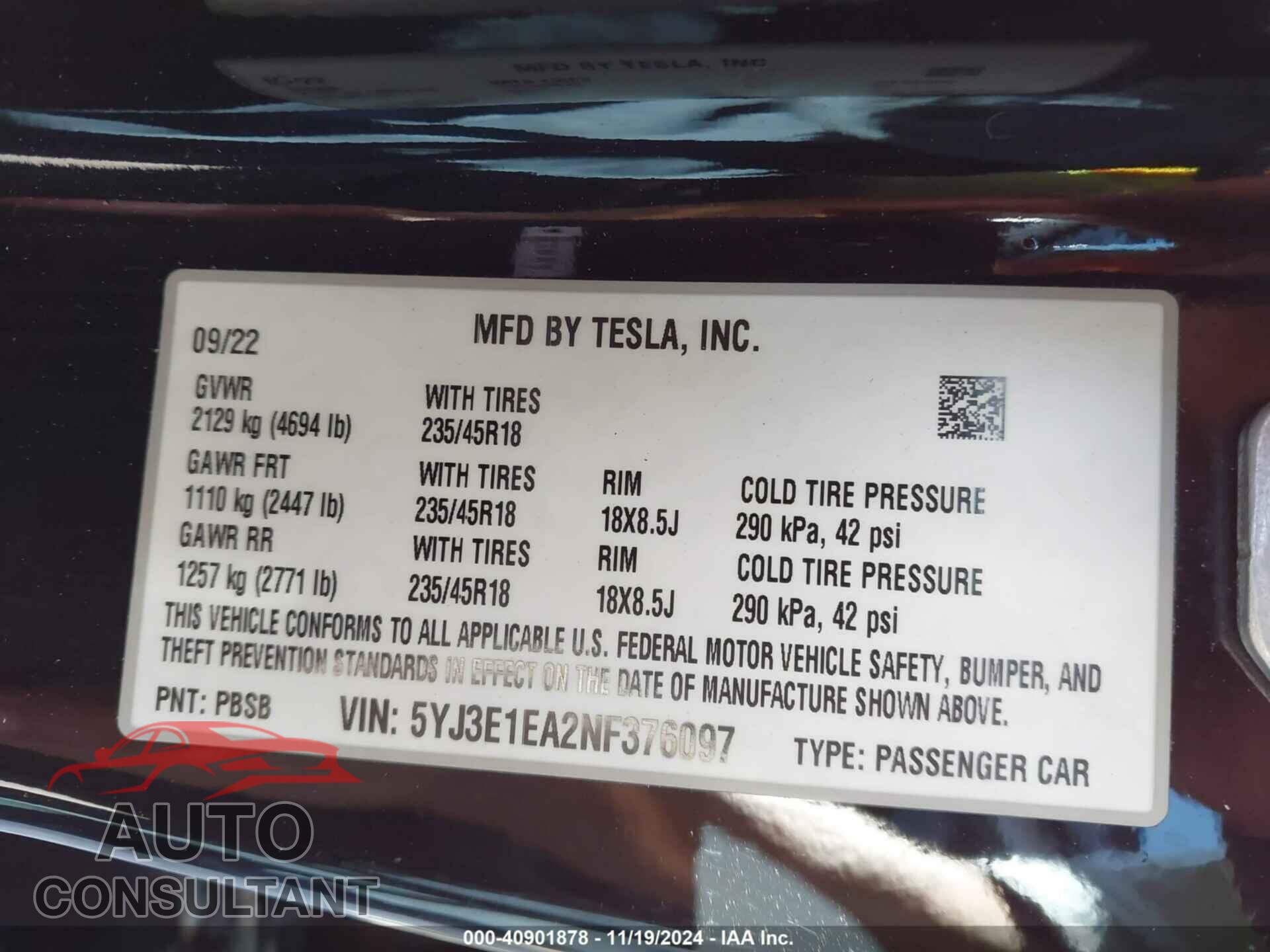 TESLA MODEL 3 2022 - 5YJ3E1EA2NF376097