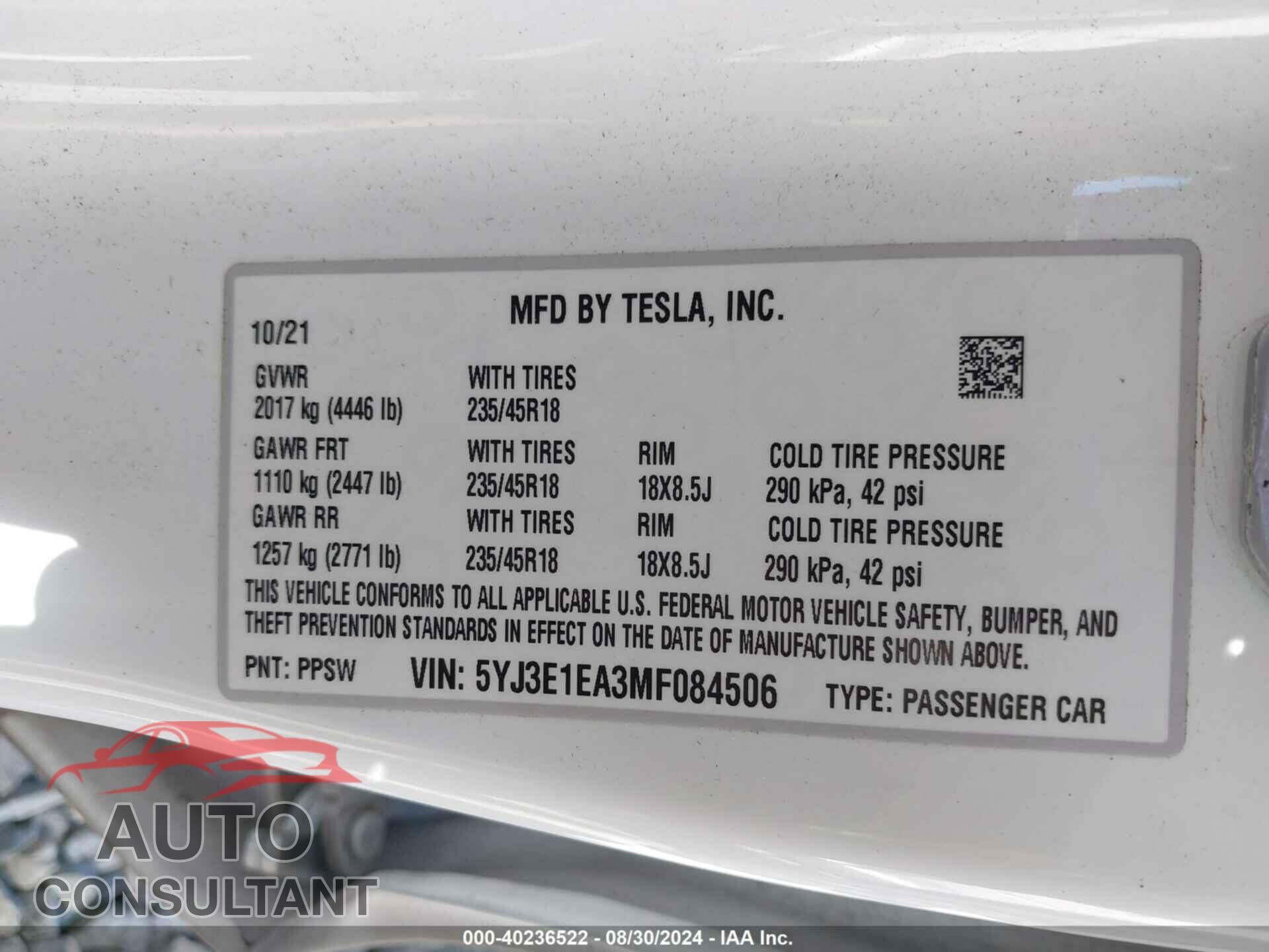 TESLA MODEL 3 2021 - 5YJ3E1EA3MF084506