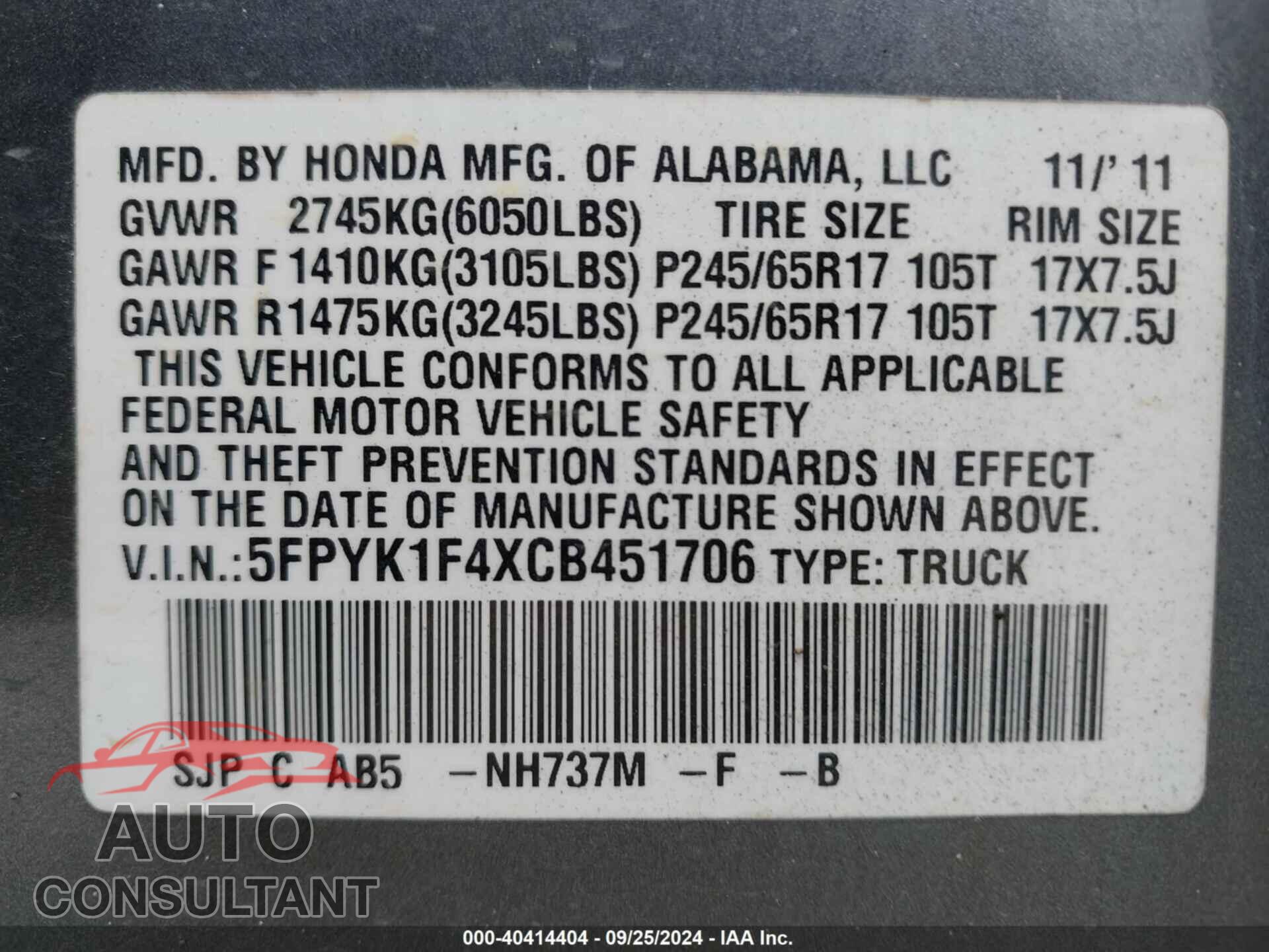 HONDA RIDGELINE 2012 - 5FPYK1F4XCB451706