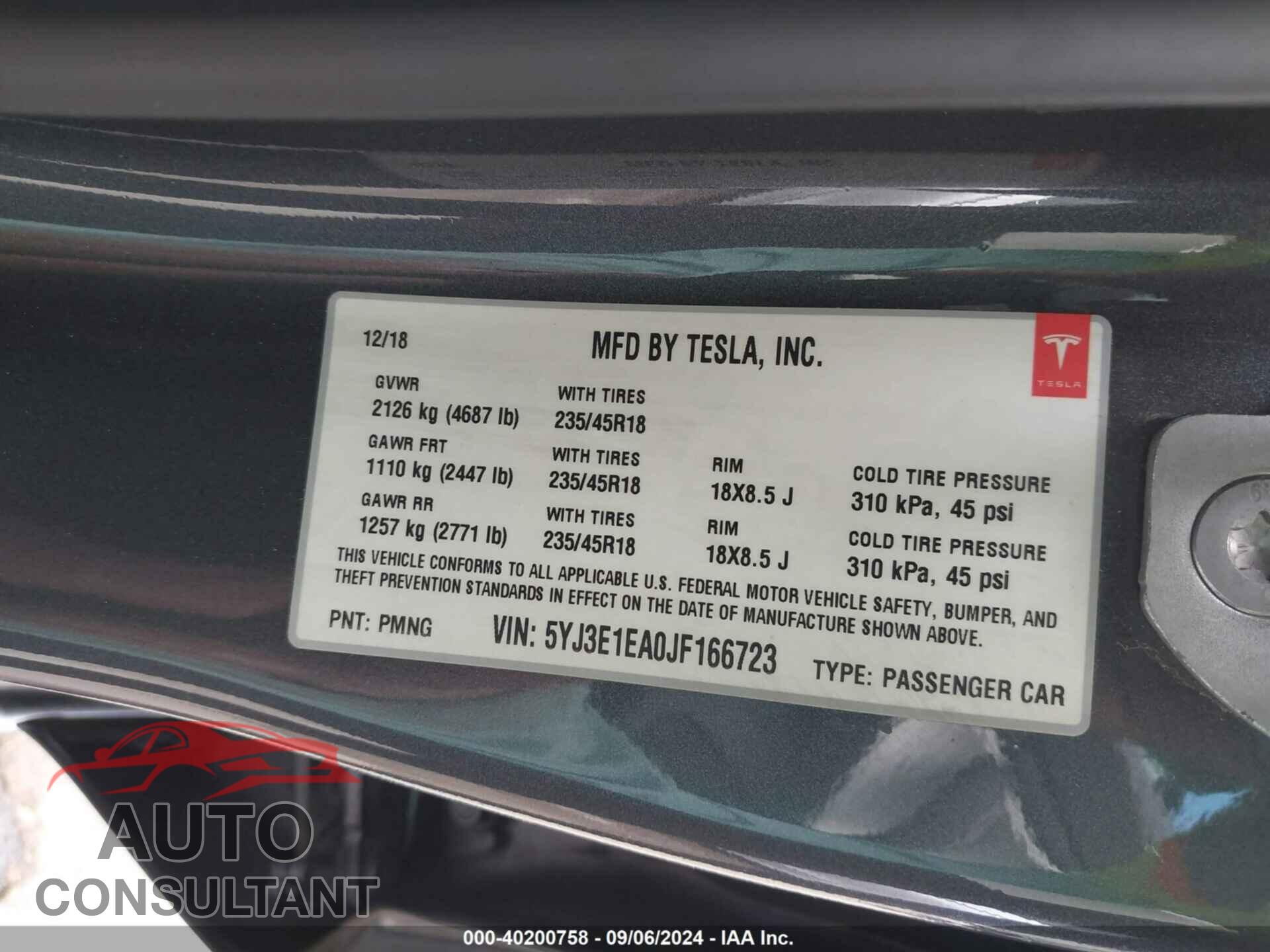 TESLA MODEL 3 2018 - 5YJ3E1EA0JF166723