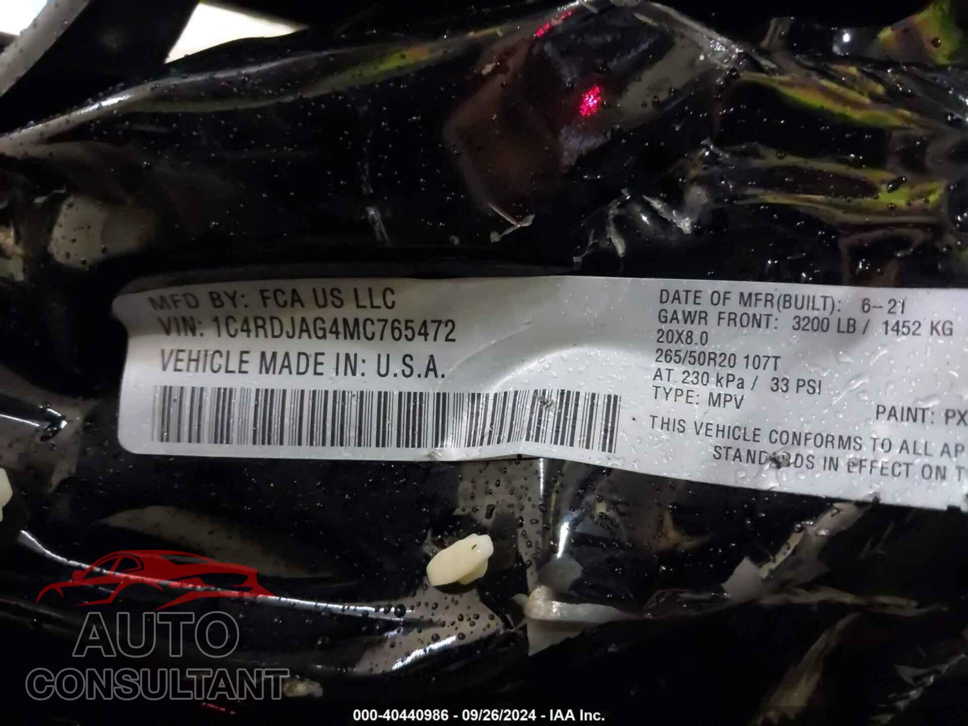 DODGE DURANGO 2021 - 1C4RDJAG4MC765472