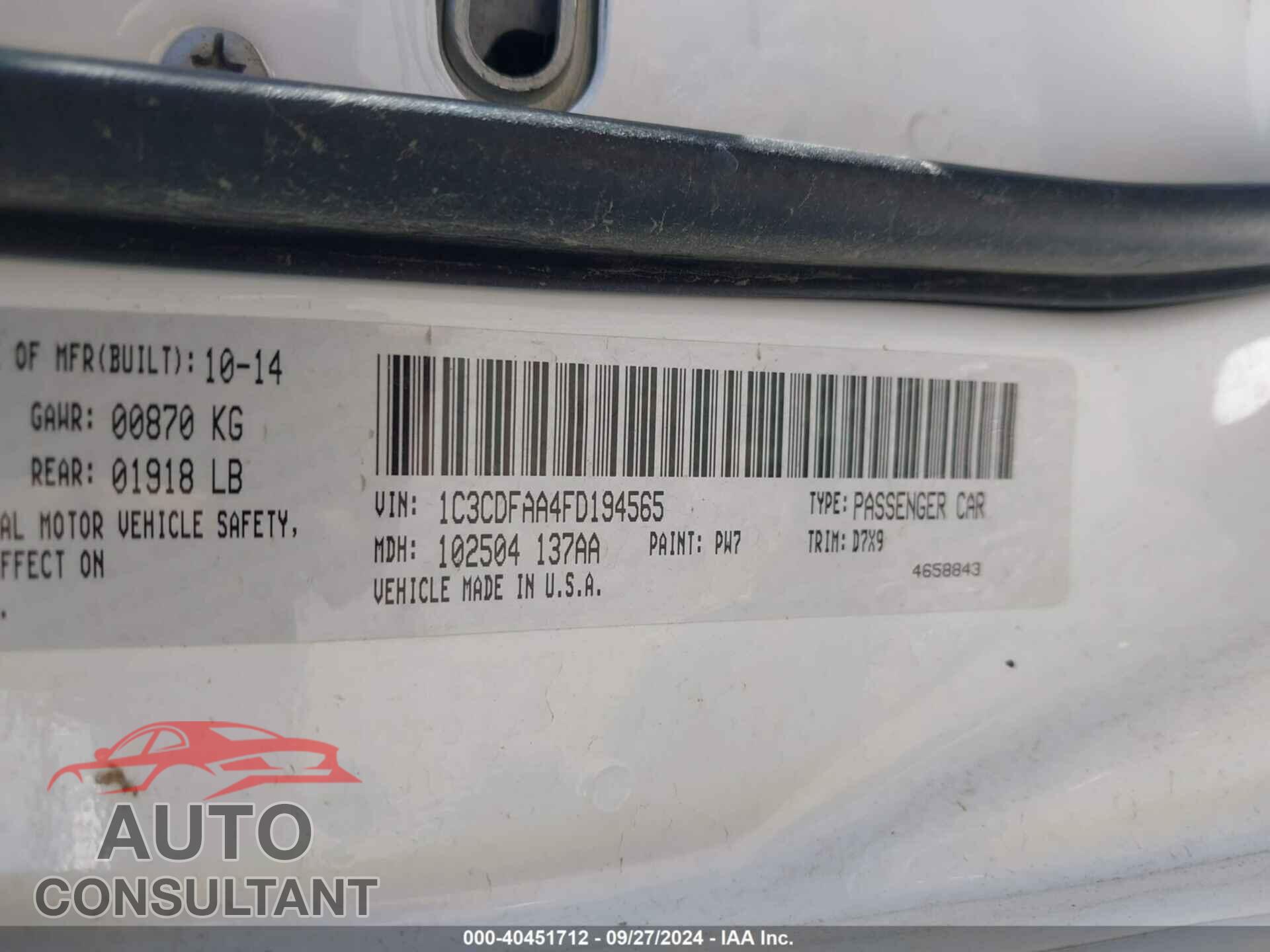 DODGE DART 2015 - 1C3CDFAA4FD194565