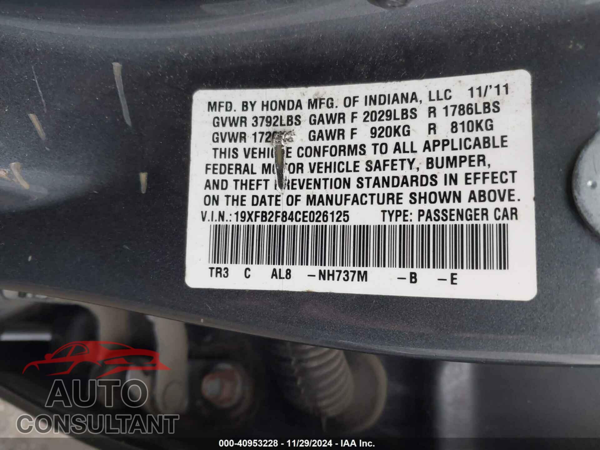 HONDA CIVIC 2012 - 19XFB2F84CE026125