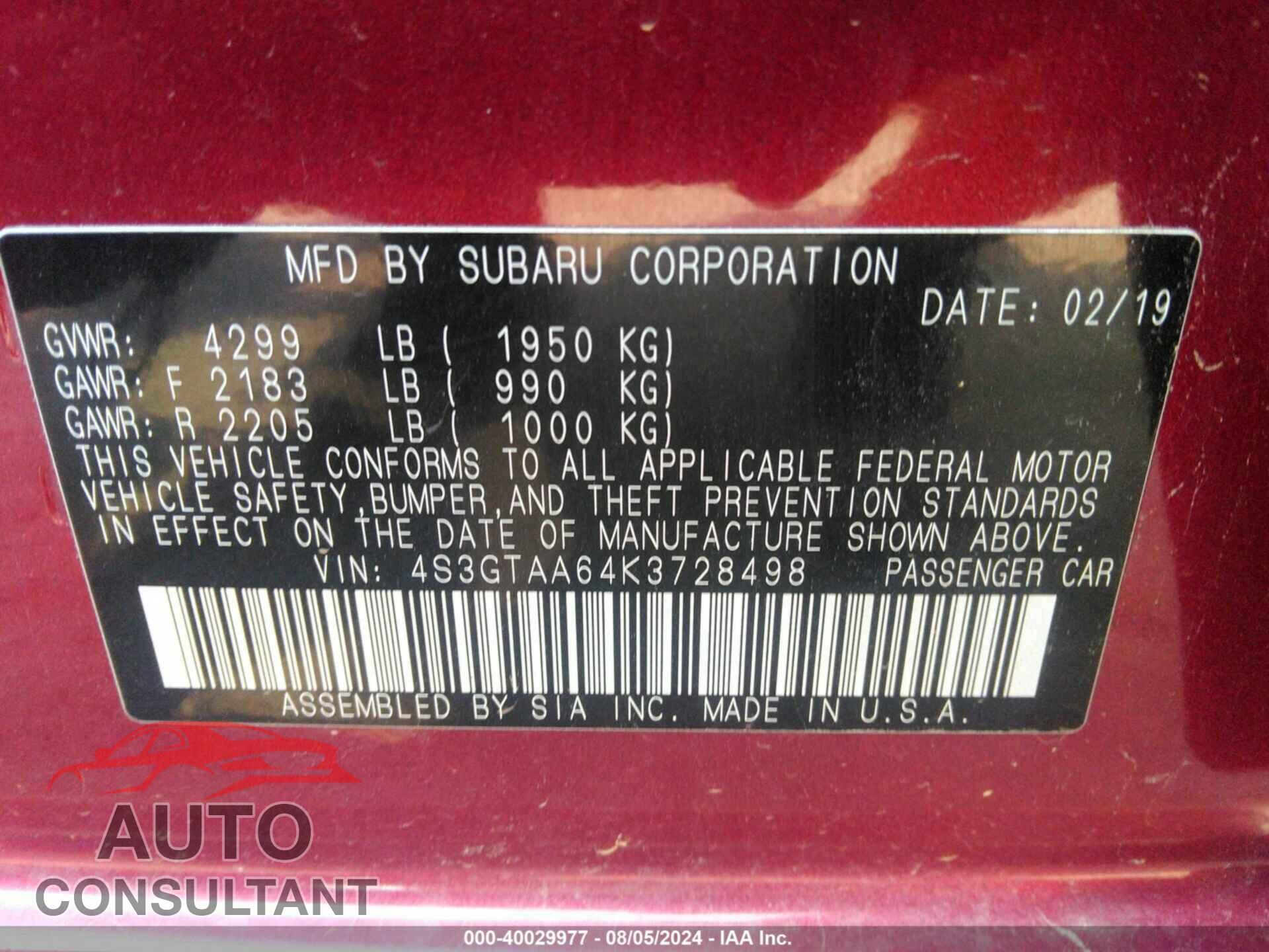 SUBARU IMPREZA 2019 - 4S3GTAA64K3728498