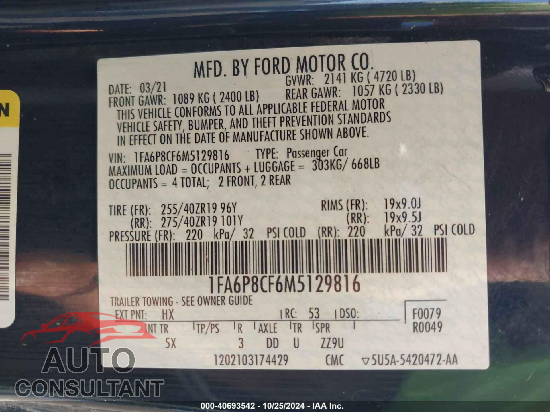 FORD MUSTANG 2021 - 1FA6P8CF6M5129816