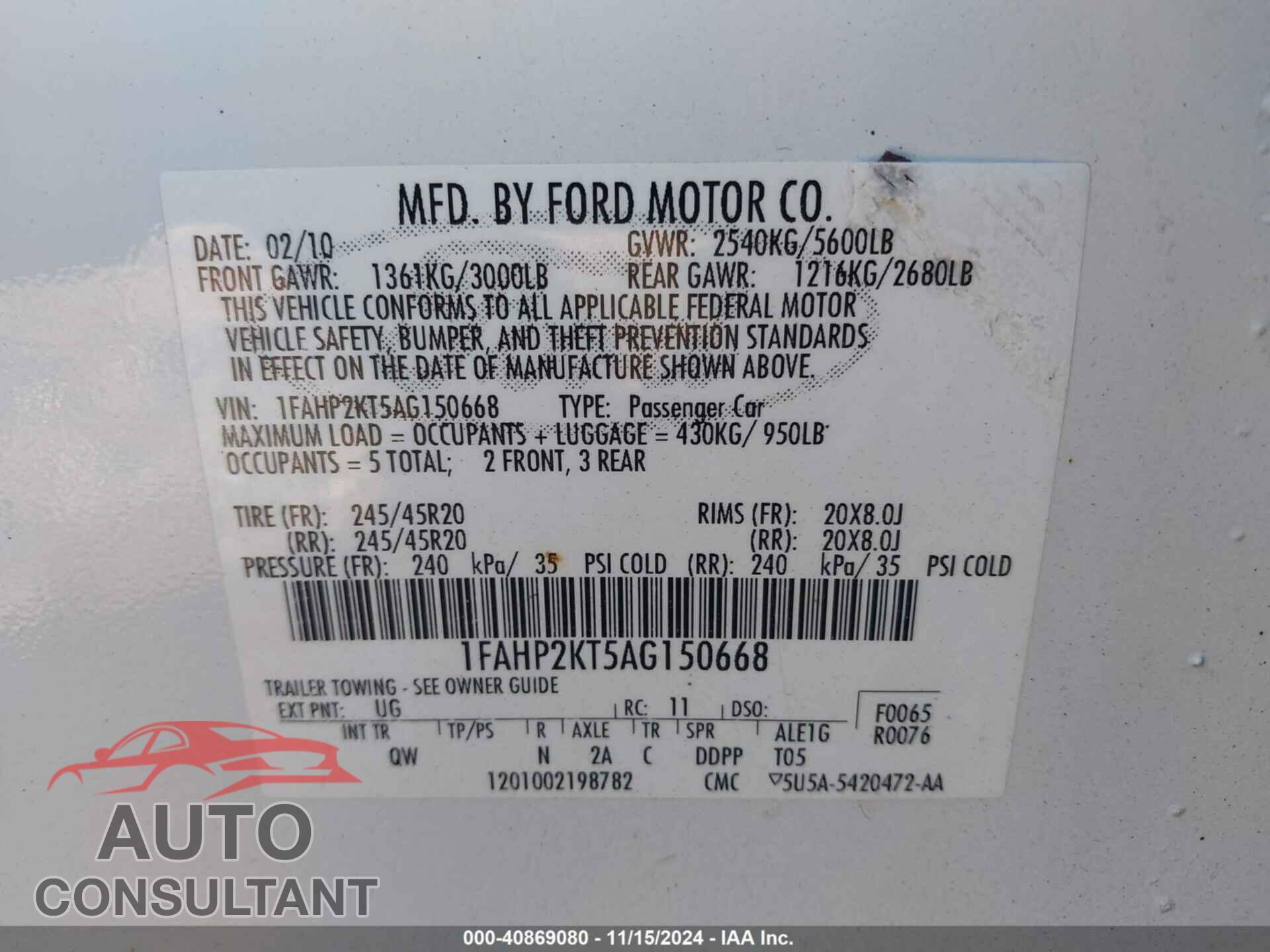 FORD TAURUS 2010 - 1FAHP2KT5AG150668
