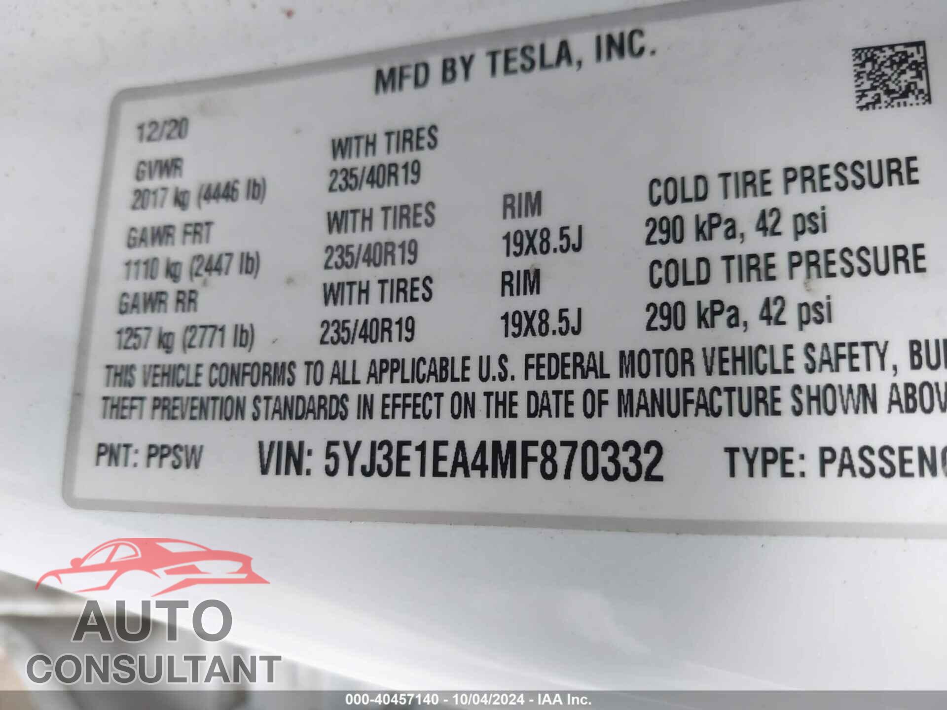 TESLA MODEL 3 2021 - 5YJ3E1EA4MF870332