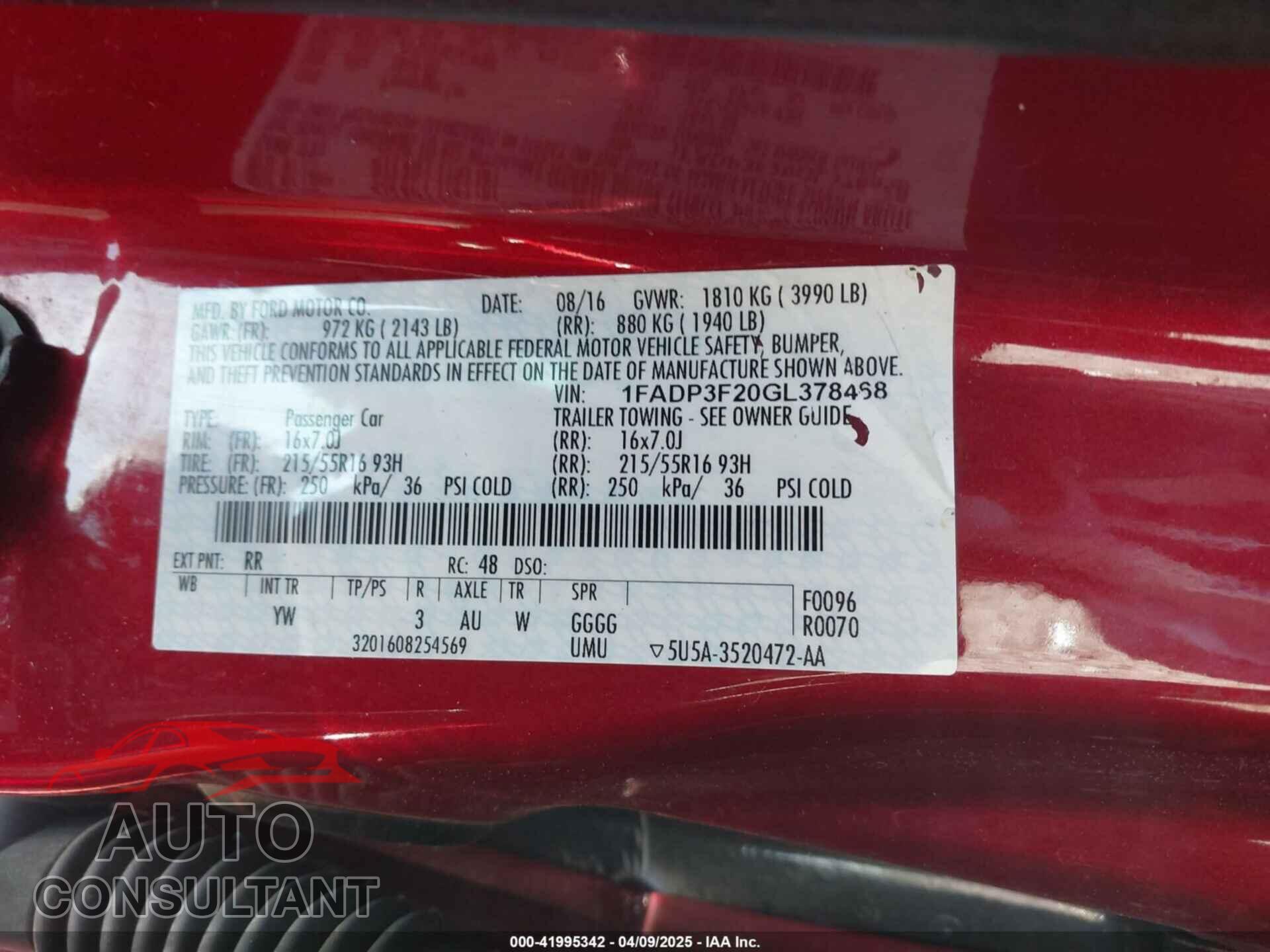 FORD FOCUS 2016 - 1FADP3F20GL378468