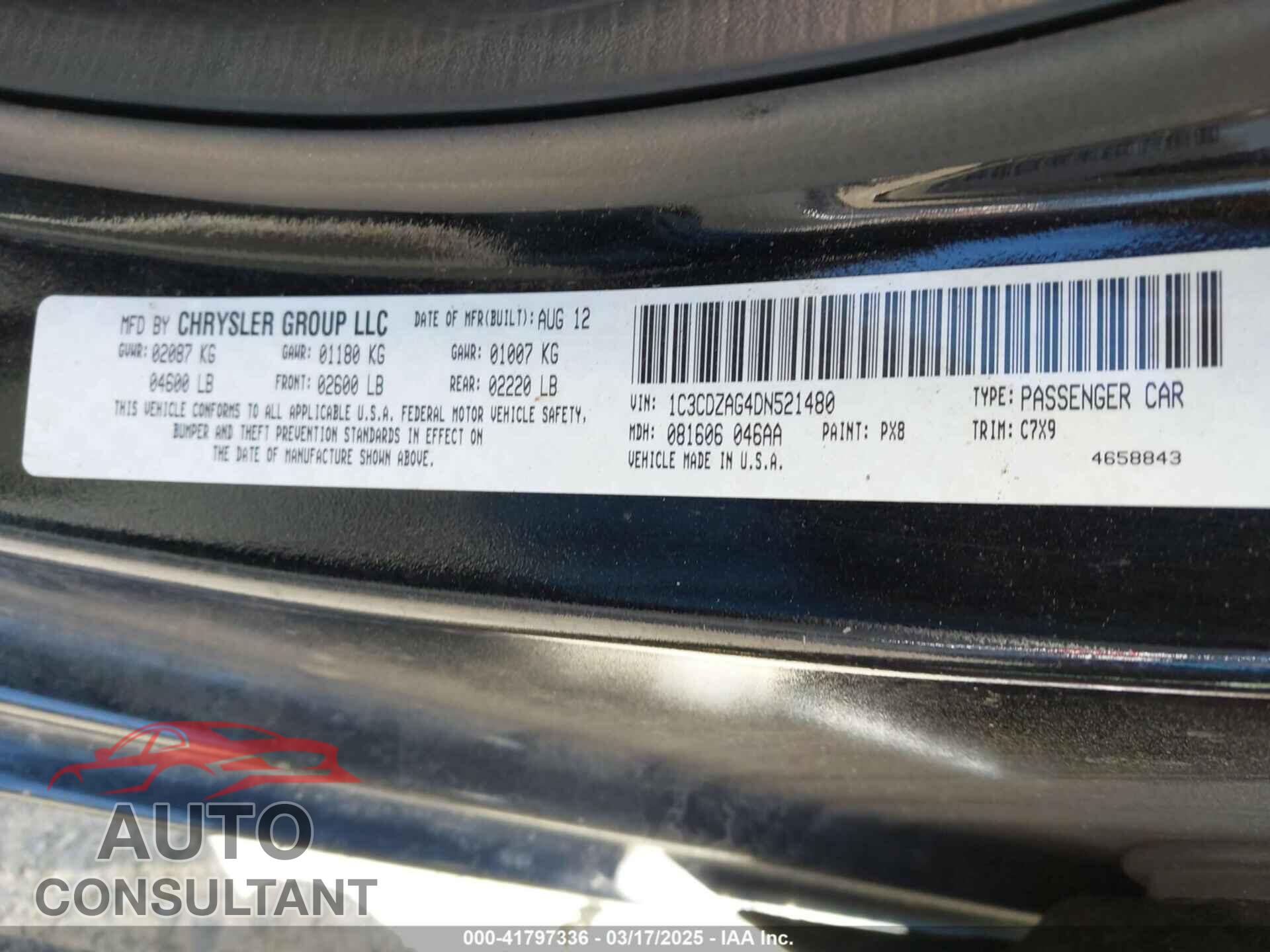 DODGE AVENGER 2013 - 1C3CDZAG4DN521480