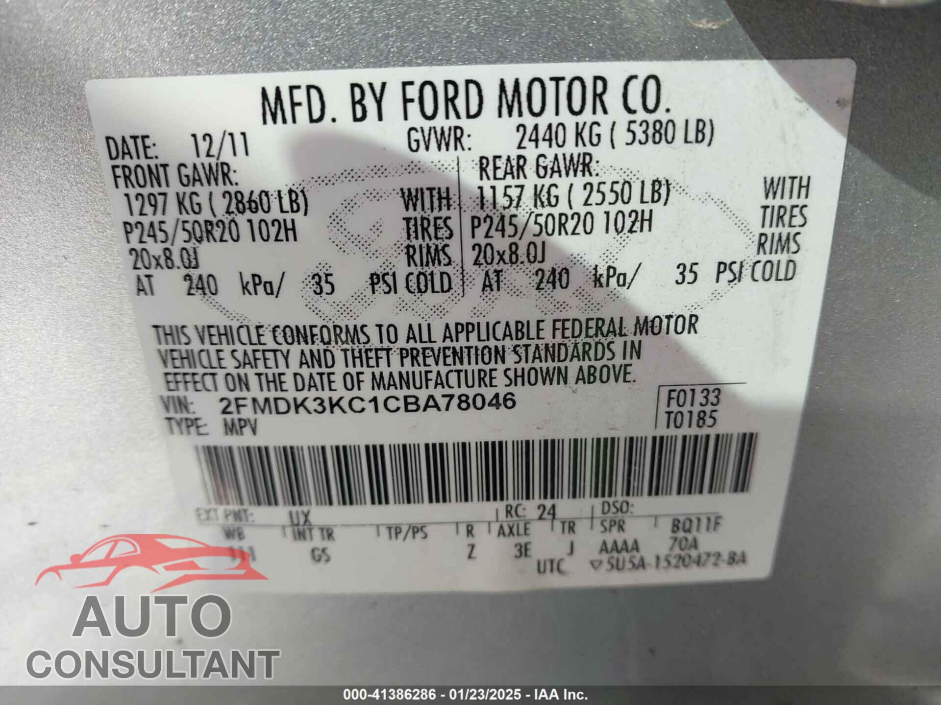 FORD EDGE 2012 - 2FMDK3KC1CBA78046