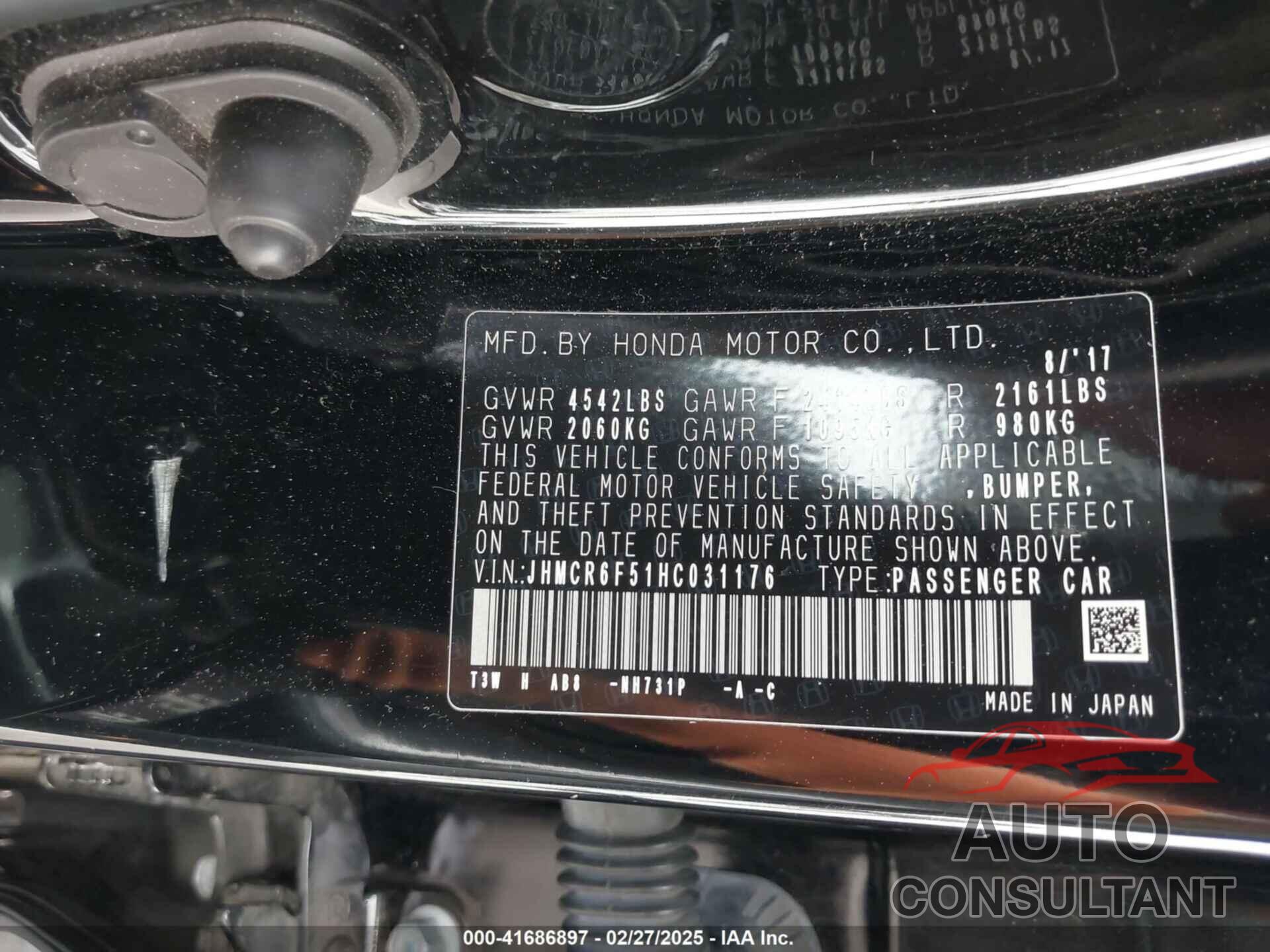 HONDA ACCORD HYBRID 2017 - JHMCR6F51HC031176