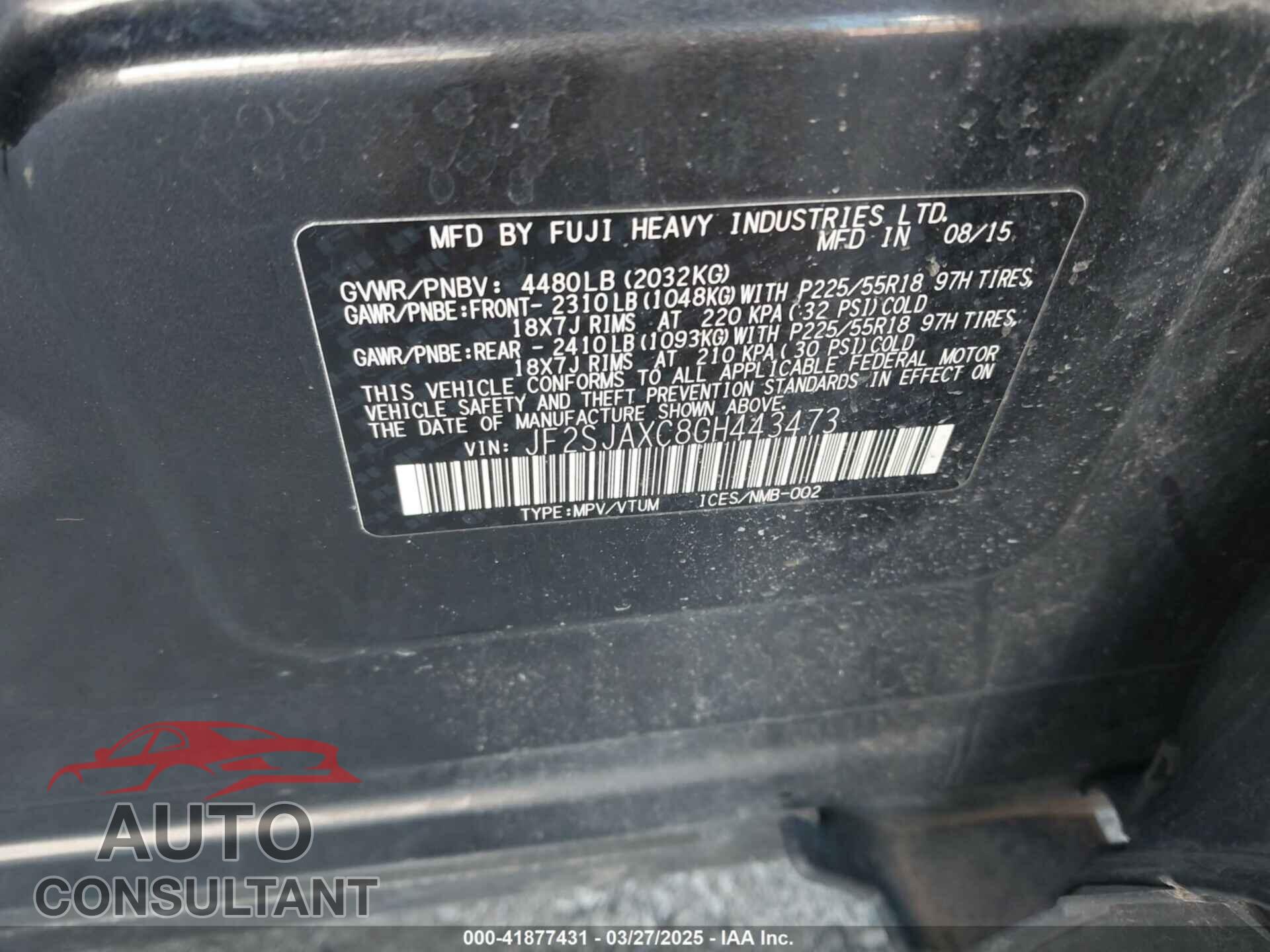 SUBARU FORESTER 2016 - JF2SJAXC8GH443473