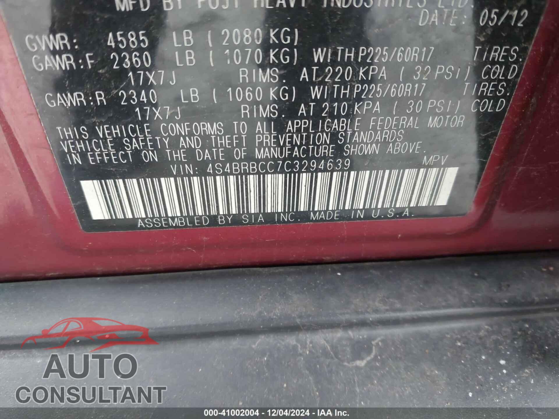 SUBARU OUTBACK 2012 - 4S4BRBCC7C3294639