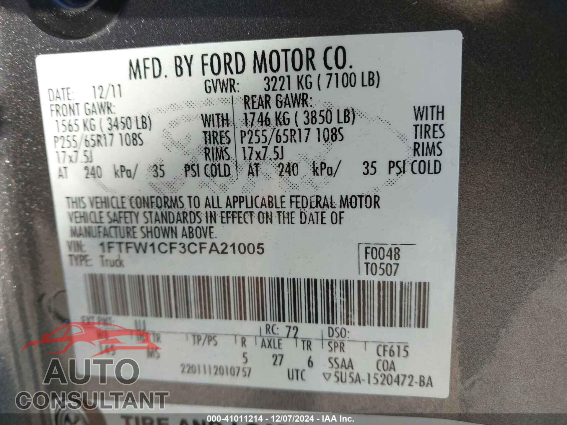 FORD F-150 2012 - 1FTFW1CF3CFA21005