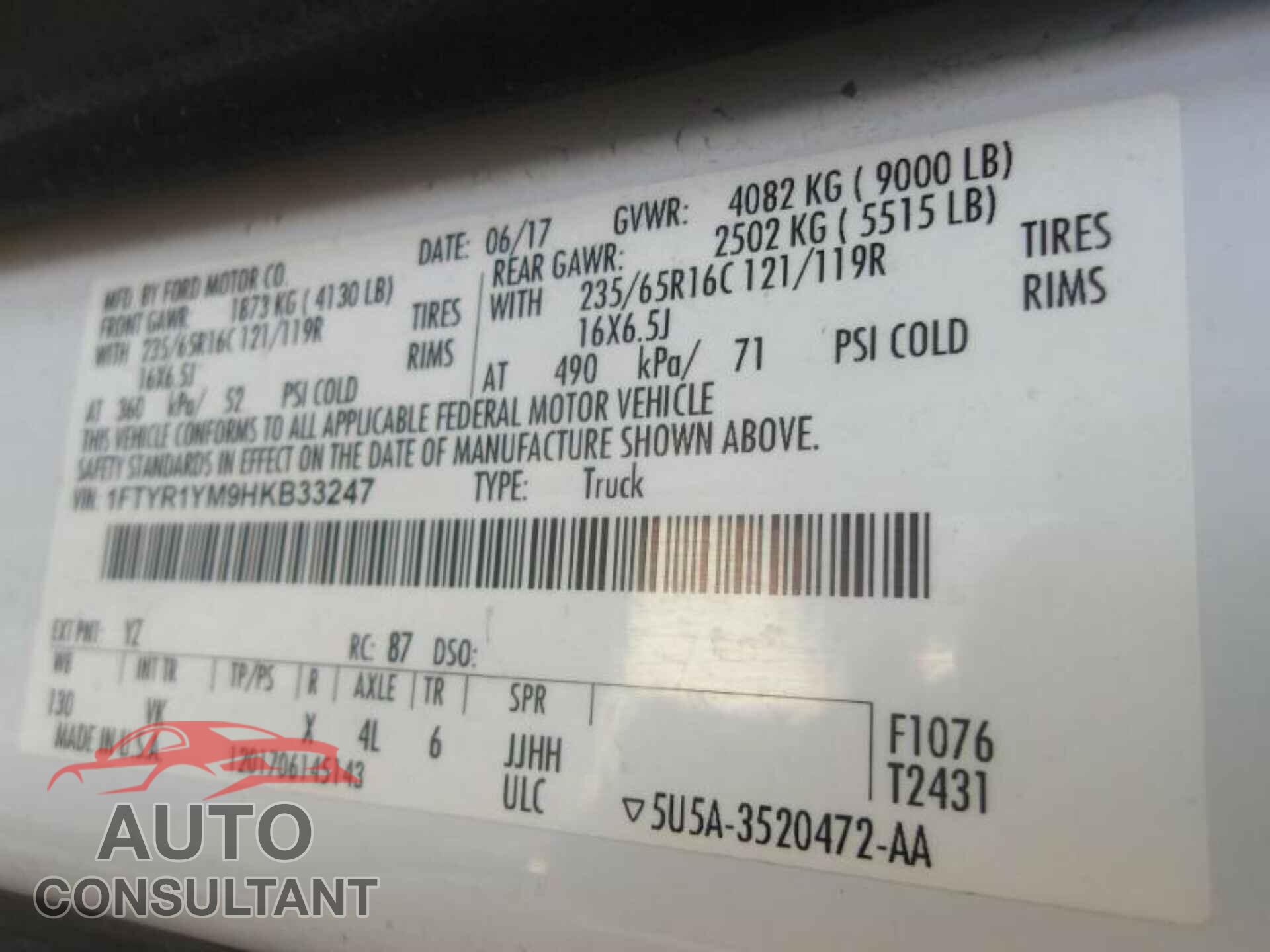 FORD TRANSIT-250 2017 - 1FTYR1YM9HKB33247