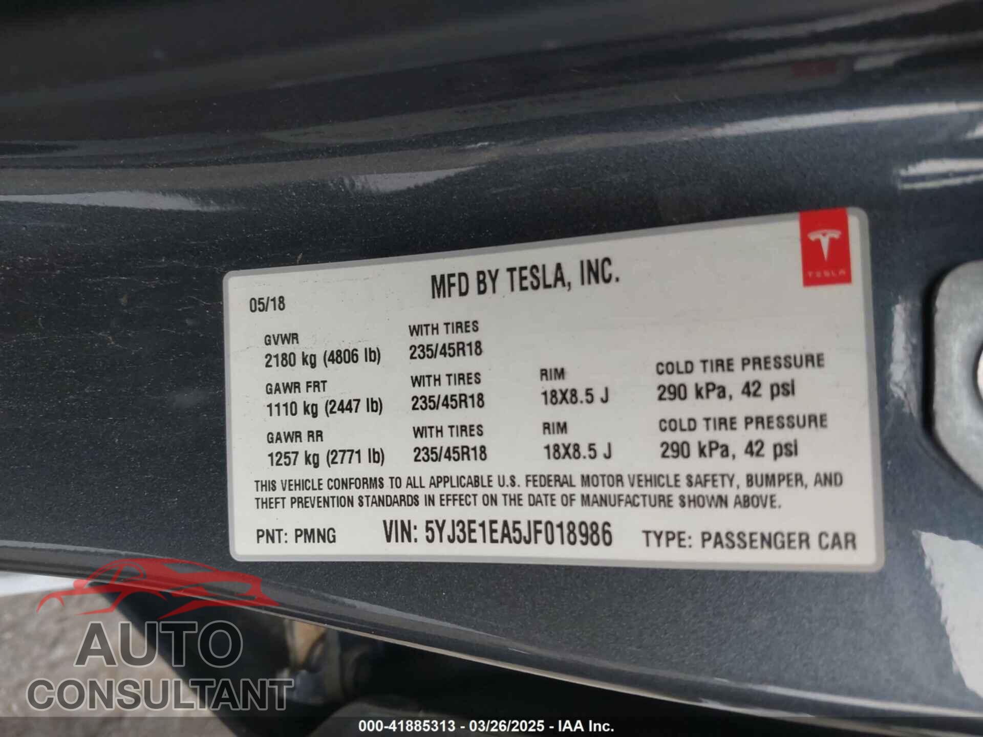 TESLA MODEL 3 2018 - 5YJ3E1EA5JF018986