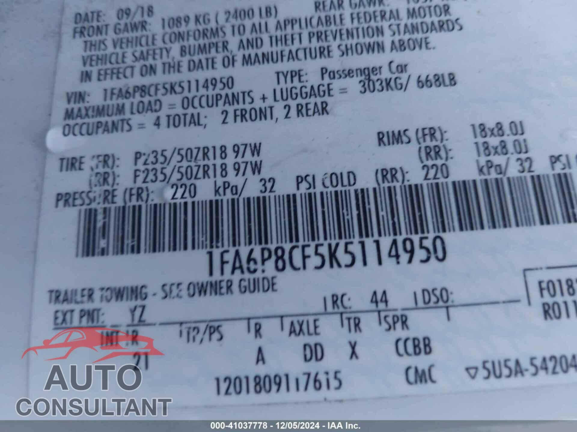 FORD MUSTANG 2019 - 1FA6P8CF5K5114950