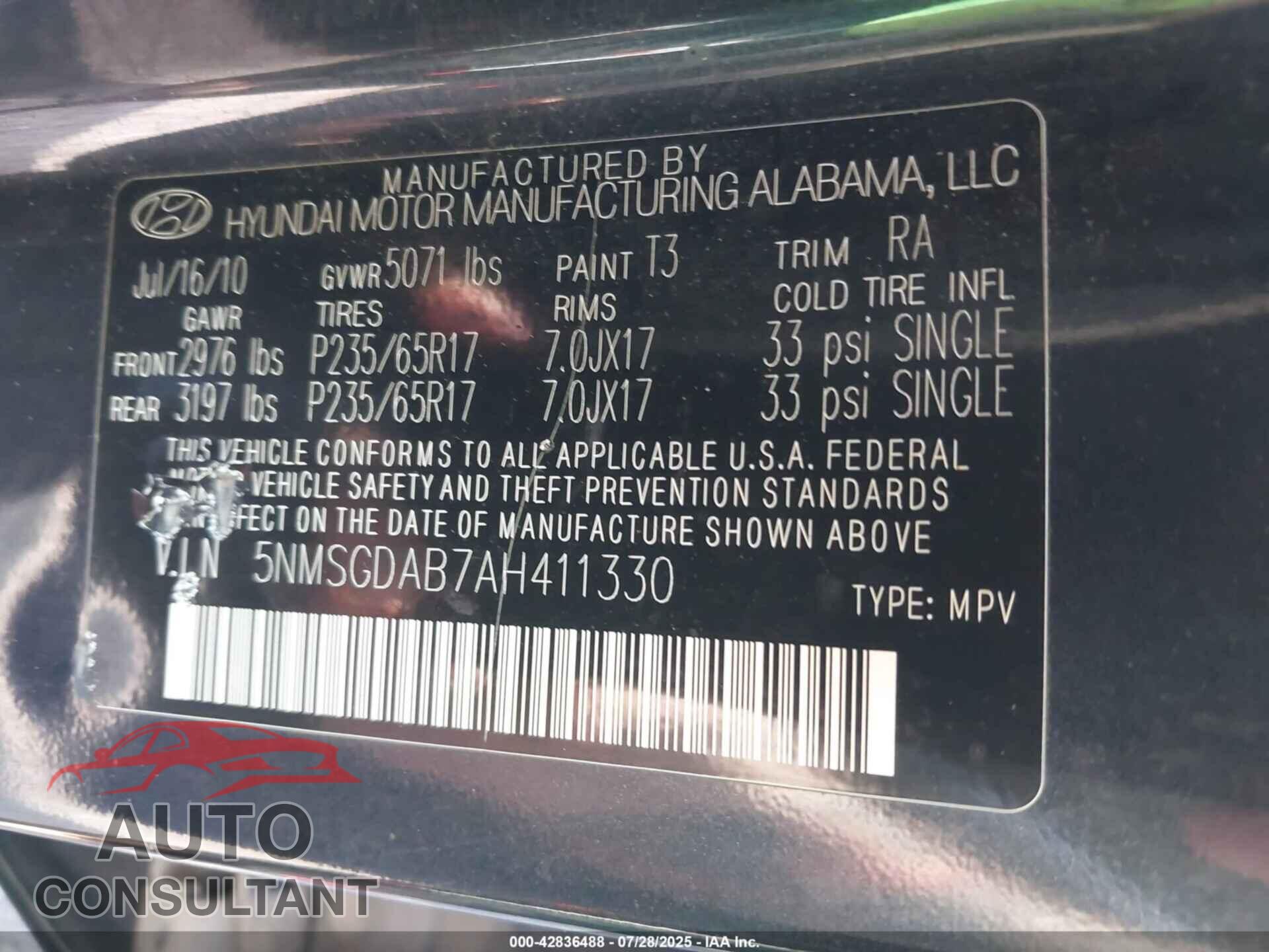 HYUNDAI SANTA FE 2010 - 5NMSGDAB7AH411330
