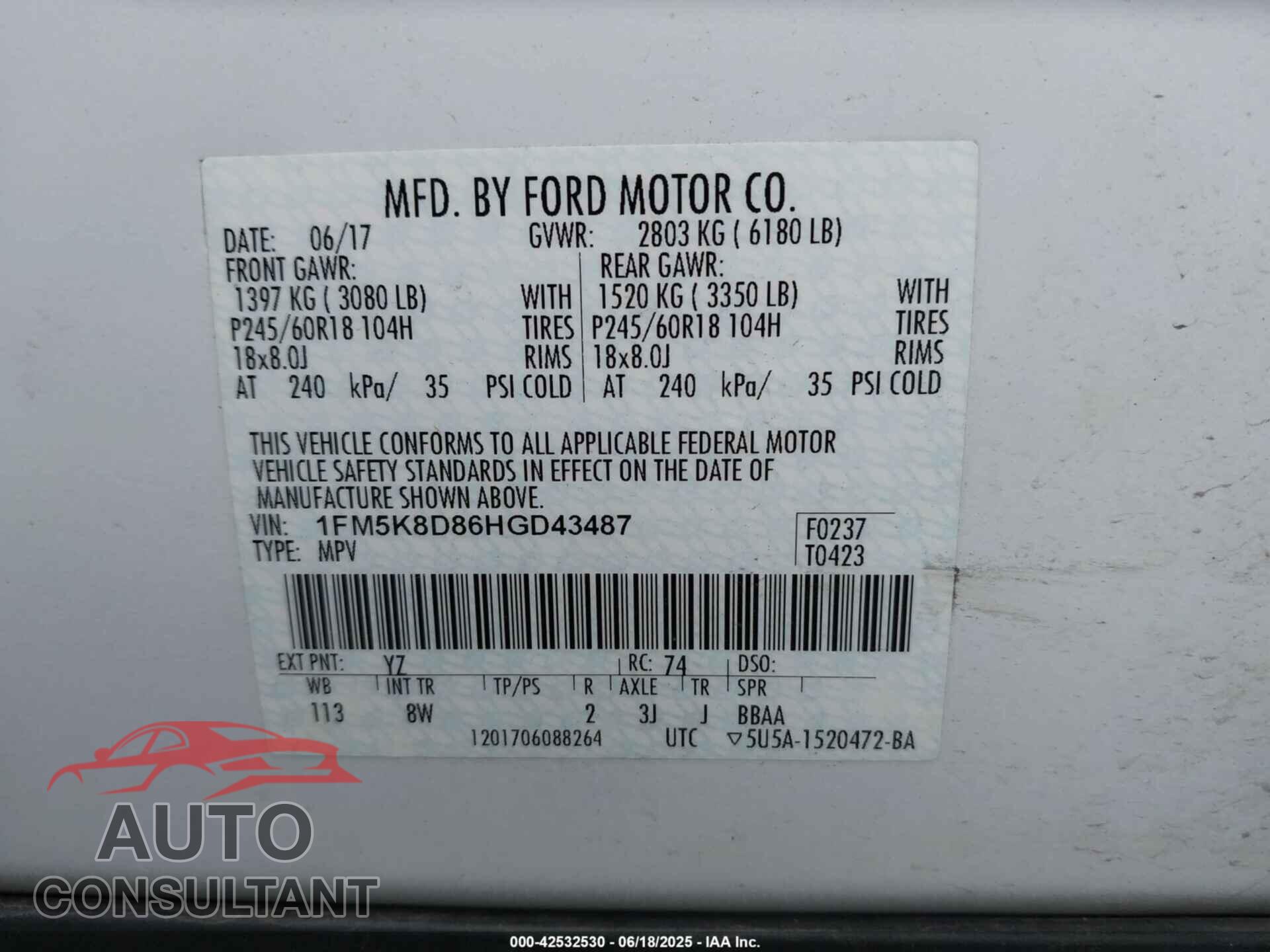 FORD EXPLORER 2017 - 1FM5K8D86HGD43487
