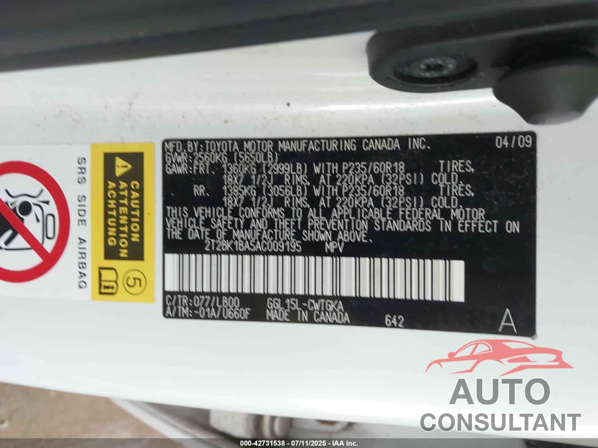 LEXUS RX 350 2010 - 2T2BK1BA5AC009195