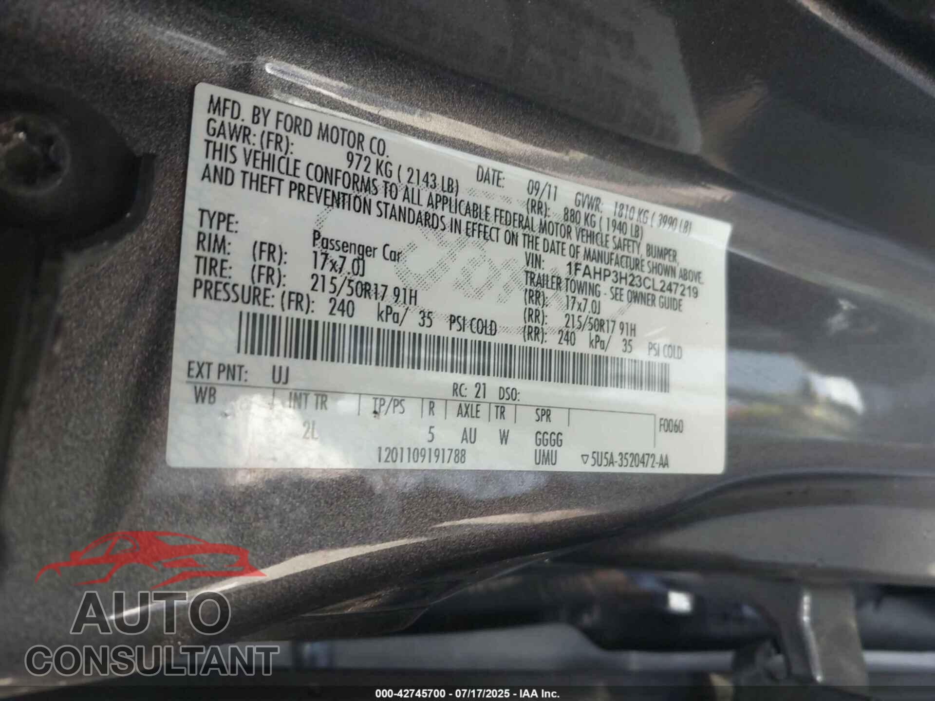 FORD FOCUS 2012 - 1FAHP3H23CL247219