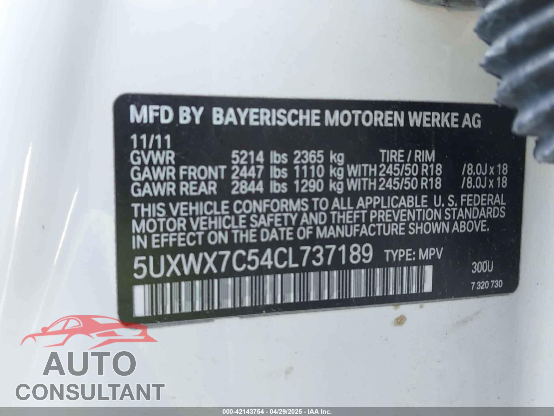 BMW X3 2012 - 5UXWX7C54CL737189