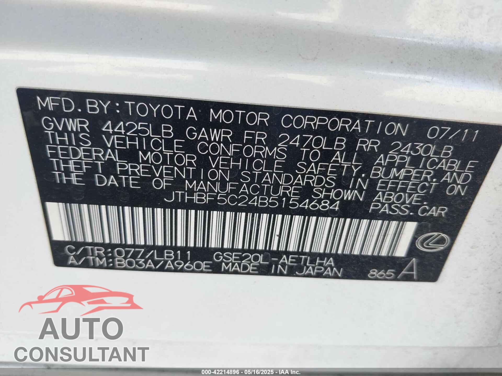 LEXUS IS 250 2011 - JTHBF5C24B5154684