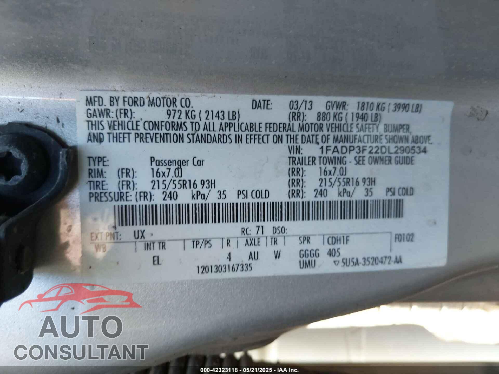 FORD FOCUS 2013 - 1FADP3F22DL290534