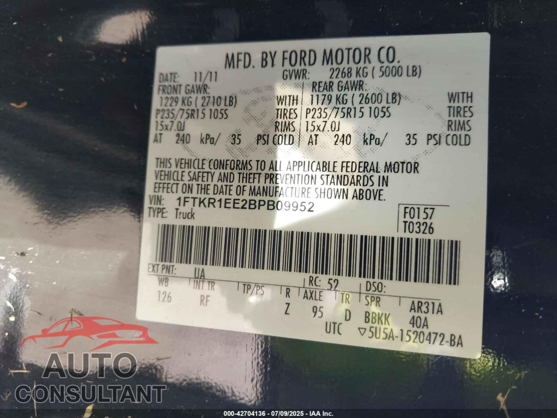 FORD RANGER 2011 - 1FTKR1EE2BPB09952