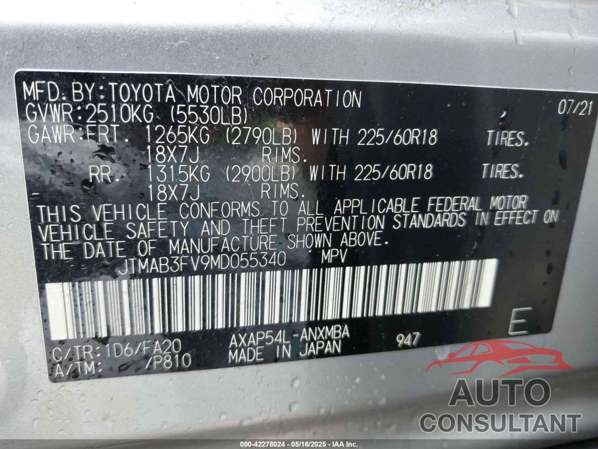 TOYOTA RAV4 PRIME 2021 - JTMAB3FV9MD055340