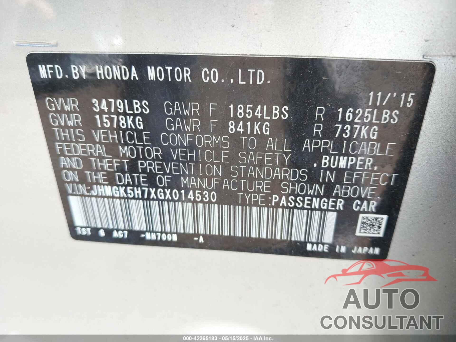 HONDA FIT 2016 - JHMGK5H7XGX014530