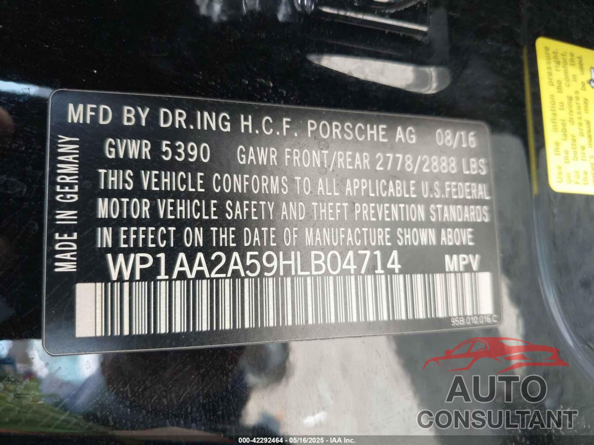 PORSCHE MACAN 2017 - WP1AA2A59HLB04714
