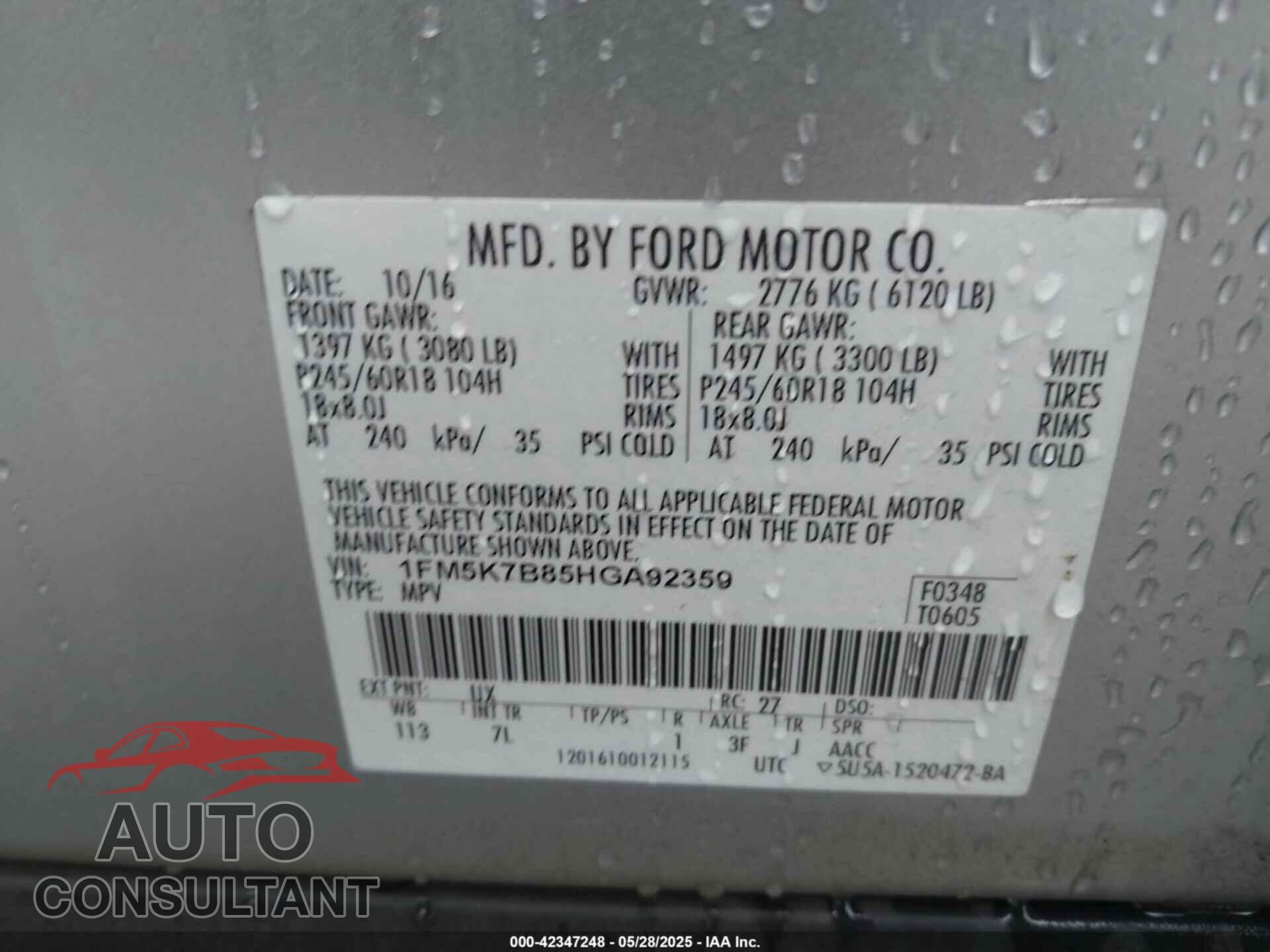 FORD EXPLORER 2017 - 1FM5K7B85HGA92359