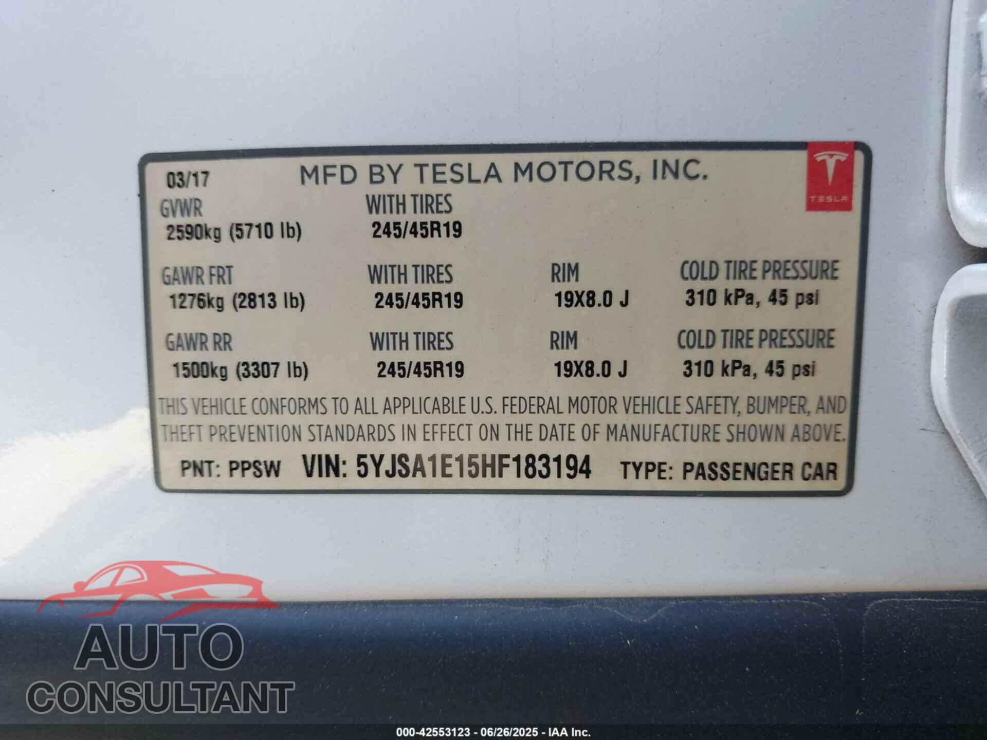 TESLA MODEL S 2017 - 5YJSA1E15HF183194