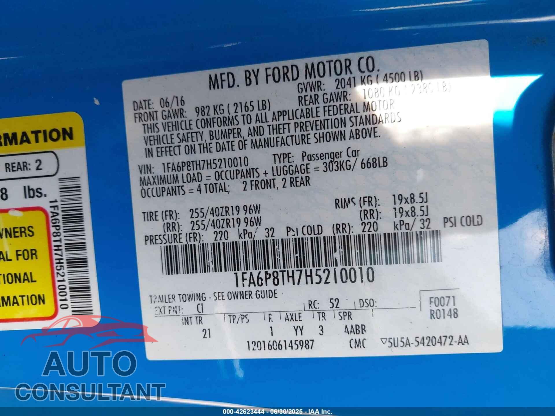 FORD MUSTANG 2017 - 1FA6P8TH7H5210010