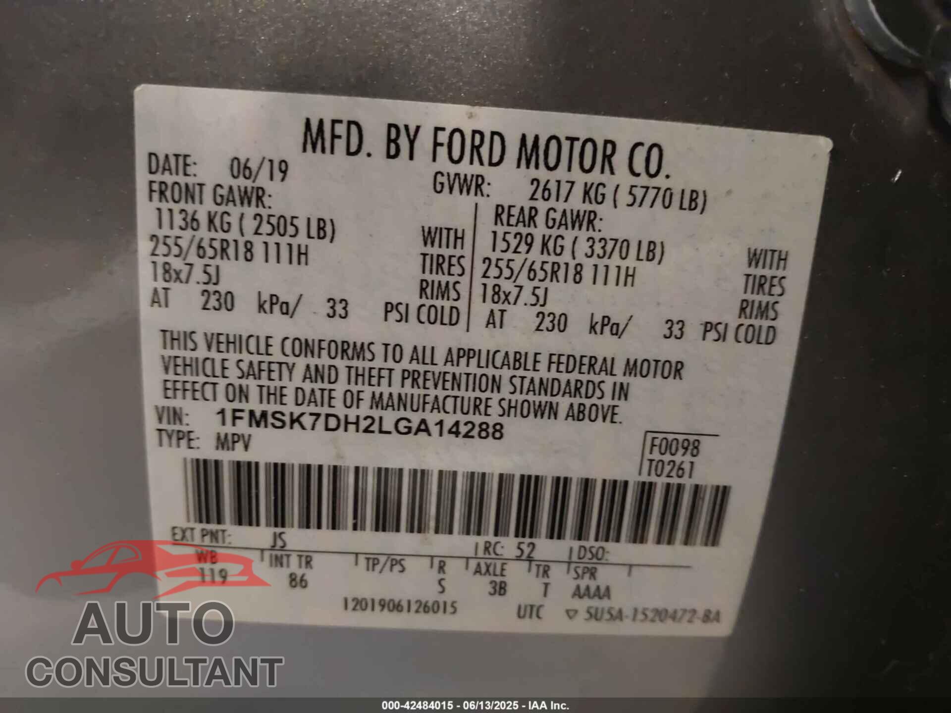 FORD EXPLORER 2020 - 1FMSK7DH2LGA14288