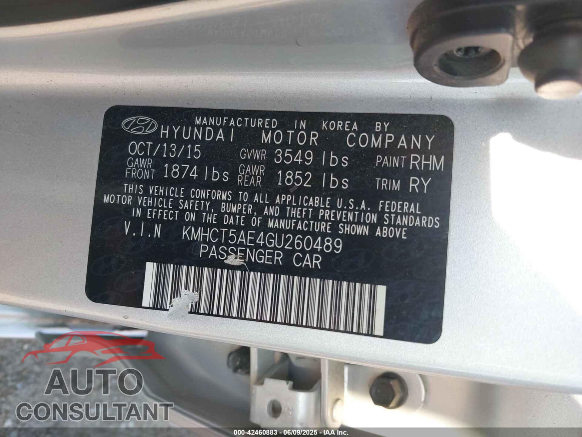 HYUNDAI ACCENT 2016 - KMHCT5AE4GU260489