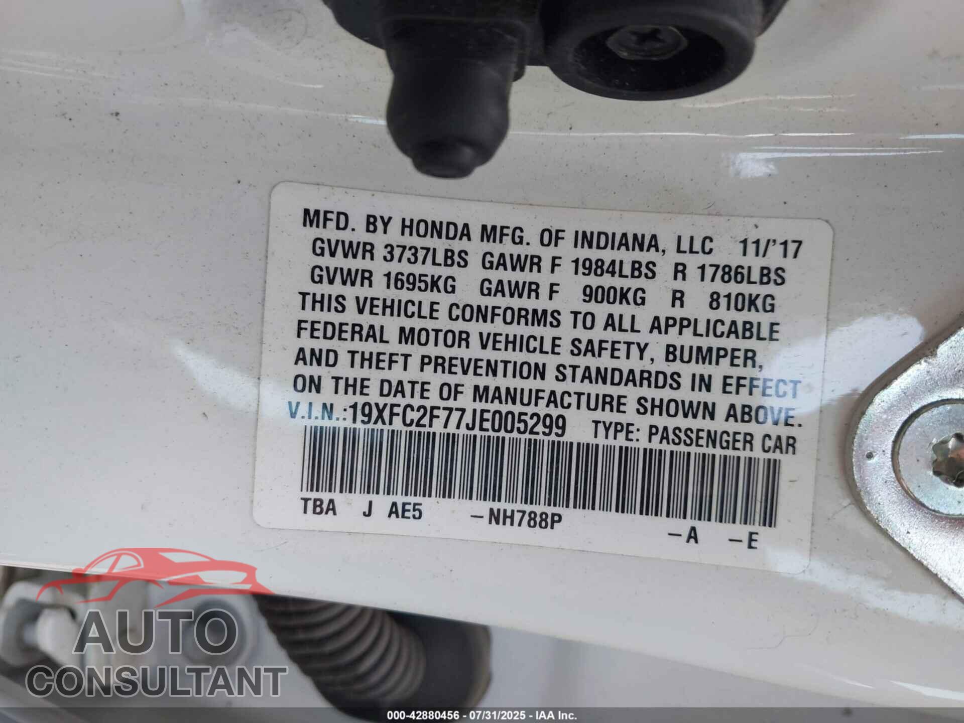 HONDA CIVIC 2018 - 19XFC2F77JE005299