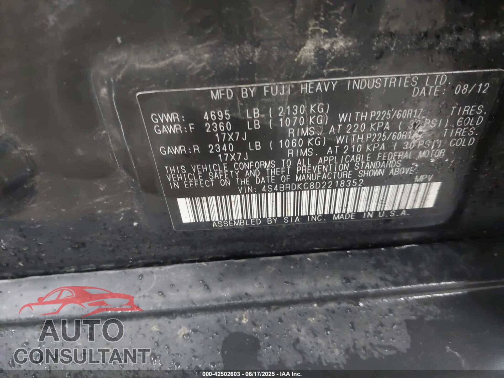 SUBARU OUTBACK 2013 - 4S4BRDKC8D2218352
