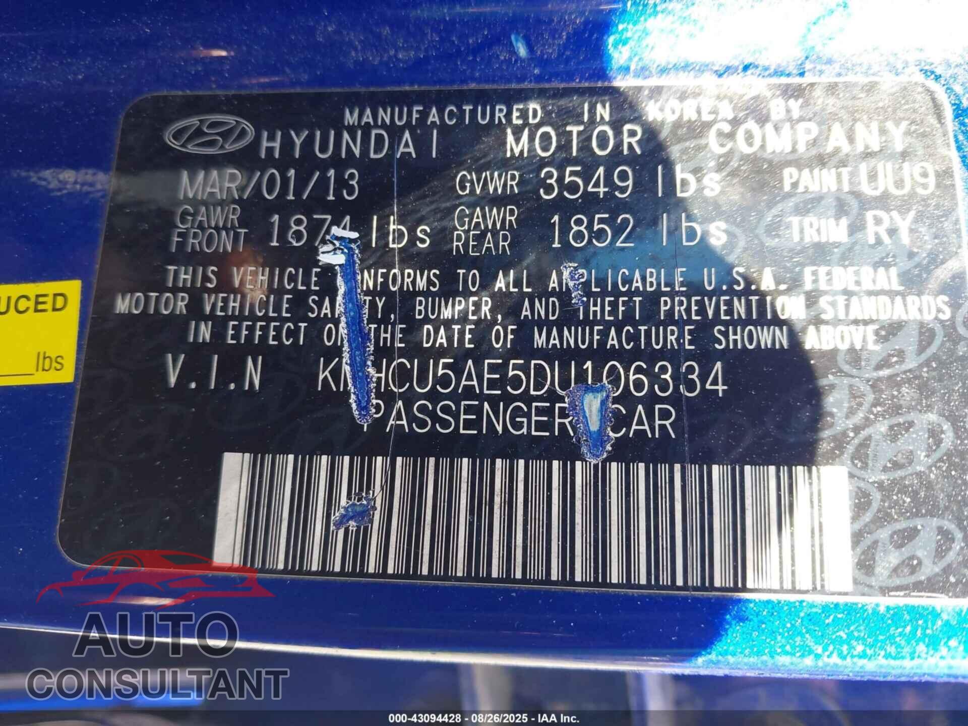 HYUNDAI ACCENT 2013 - KMHCU5AE5DU106334