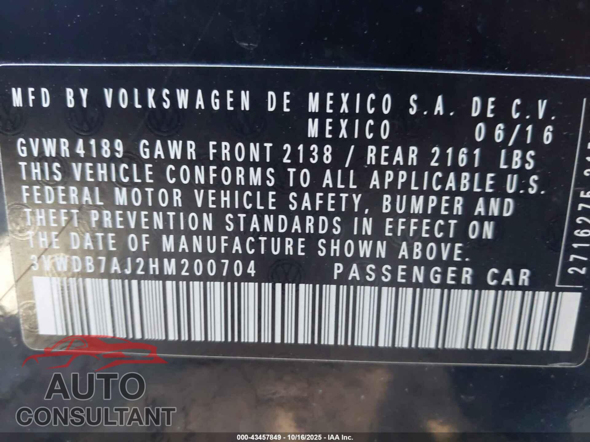 VOLKSWAGEN JETTA 2017 - 3VWDB7AJ2HM200704