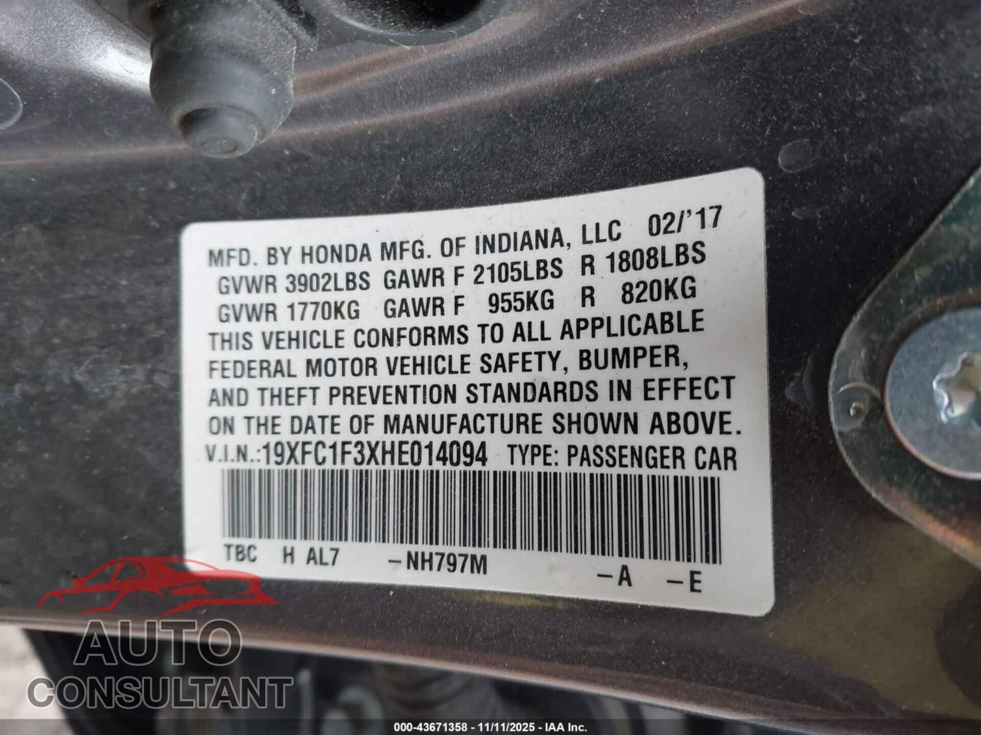 HONDA CIVIC 2017 - 19XFC1F3XHE014094