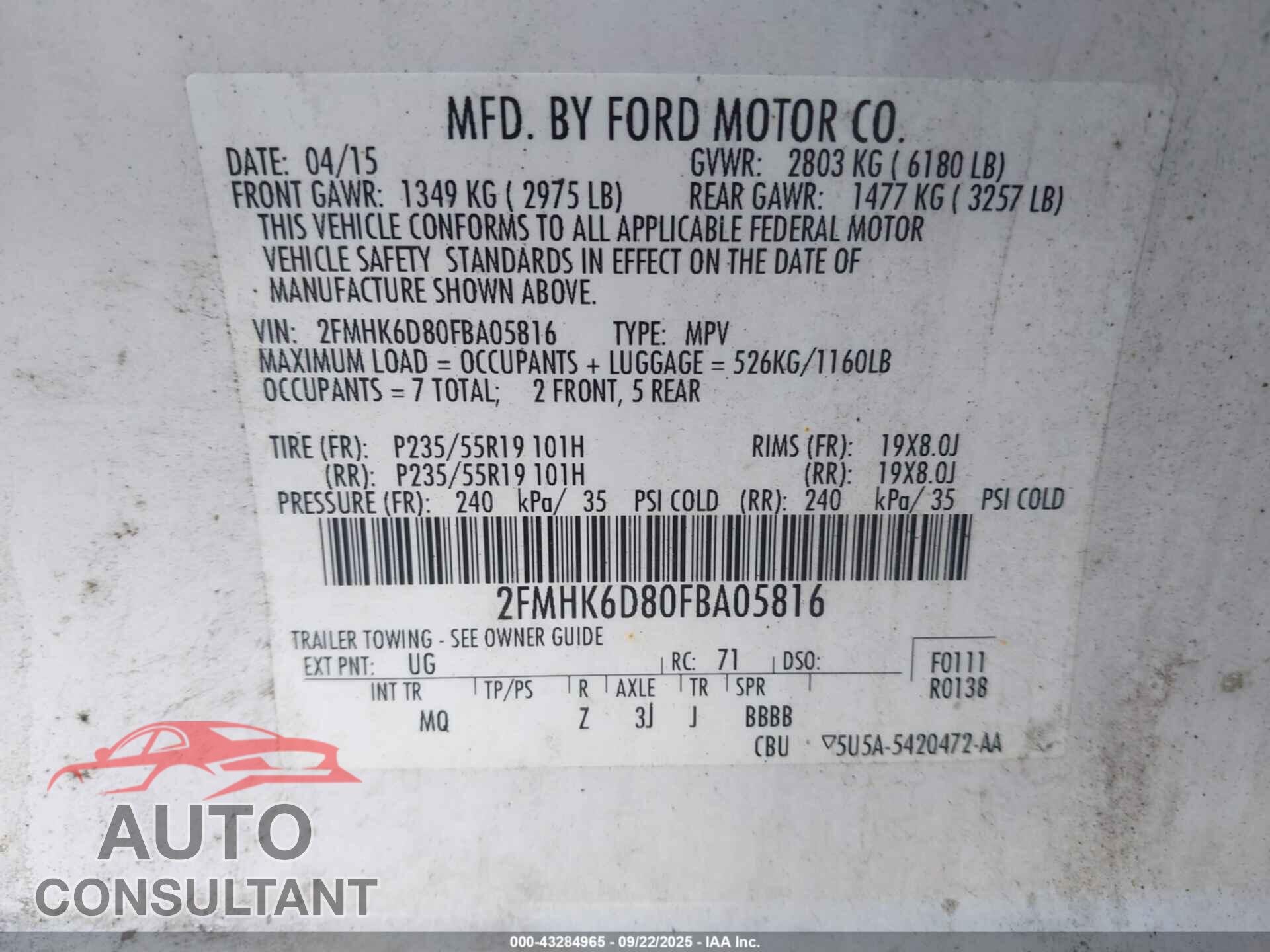 FORD FLEX 2015 - 2FMHK6D80FBA05816
