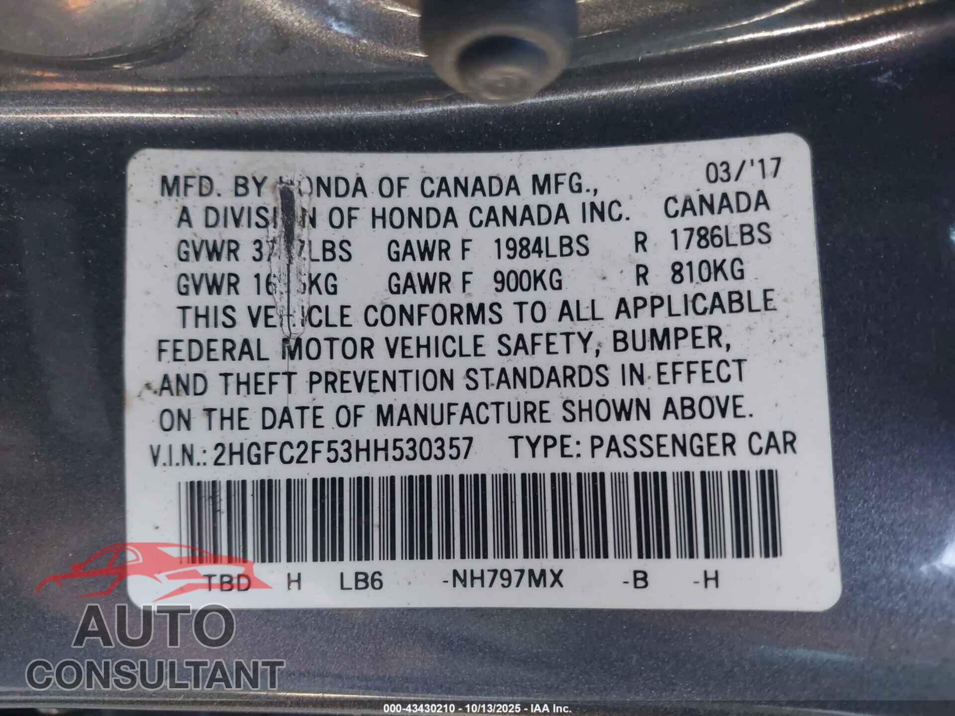 HONDA CIVIC 2017 - 2HGFC2F53HH530357