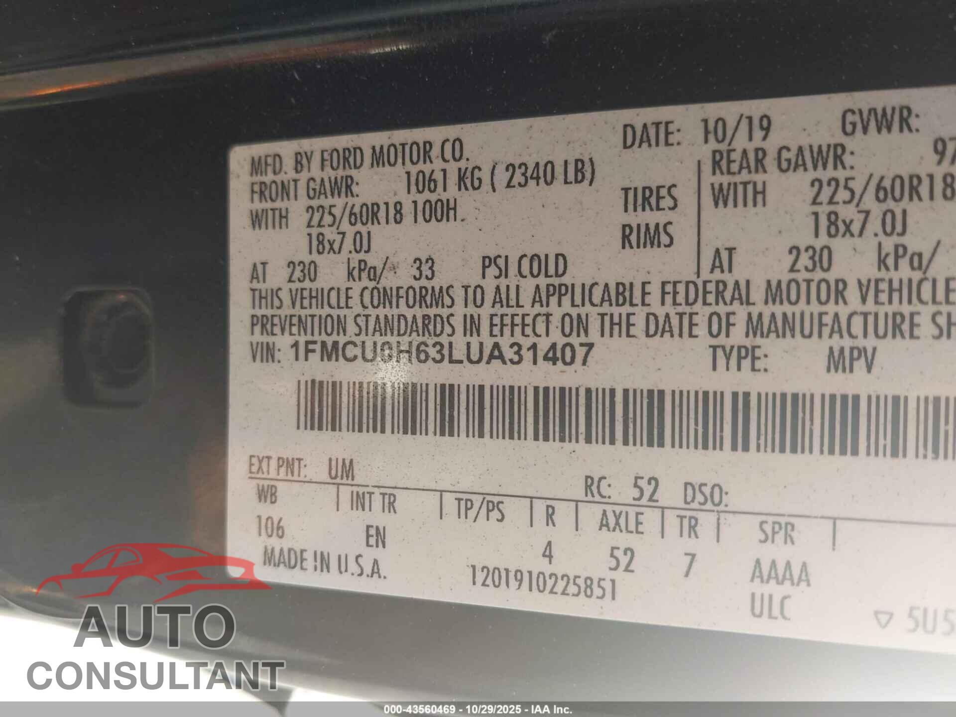 FORD ESCAPE 2020 - 1FMCU0H63LUA31407
