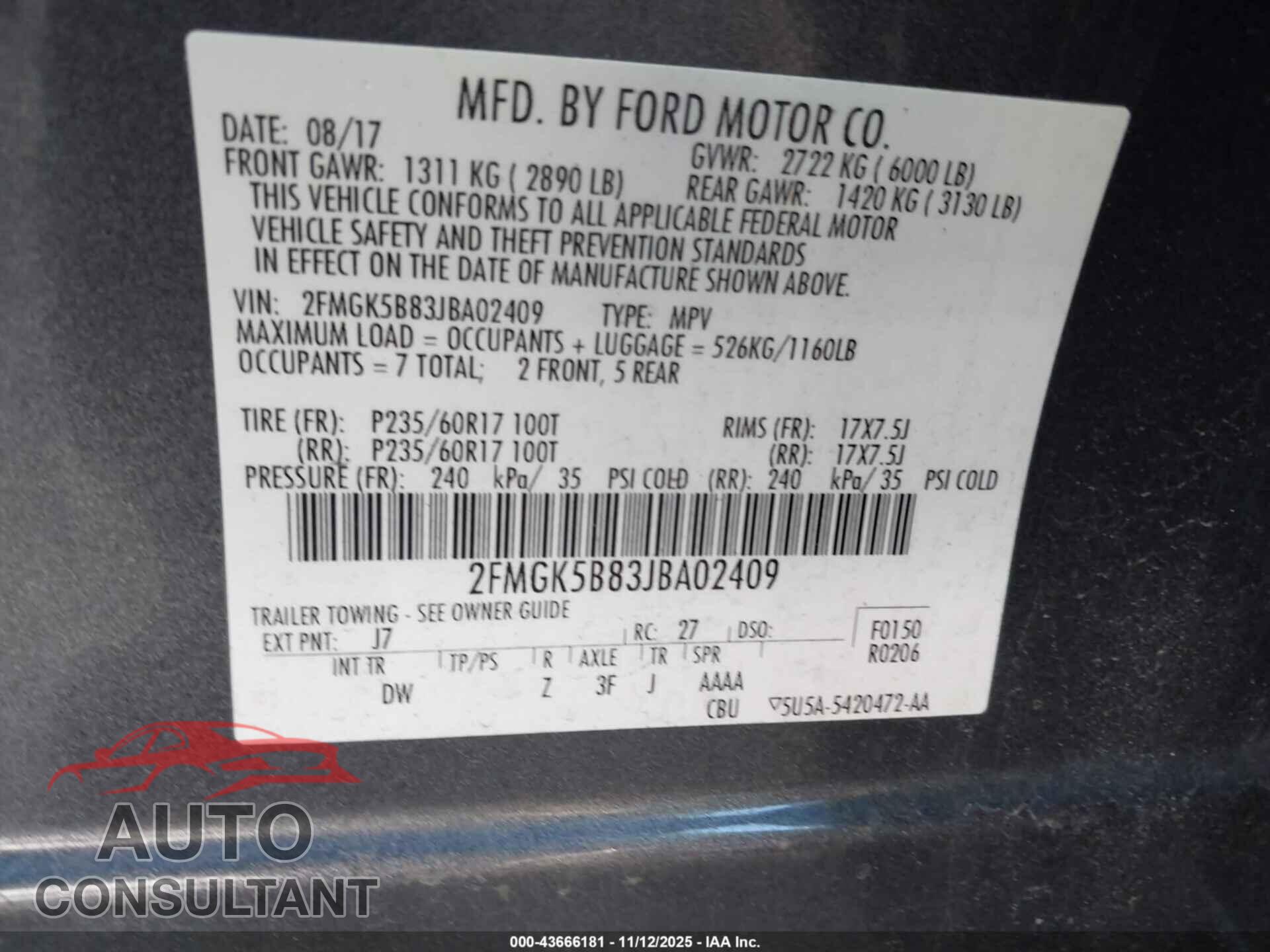 FORD FLEX 2018 - 2FMGK5B83JBA02409