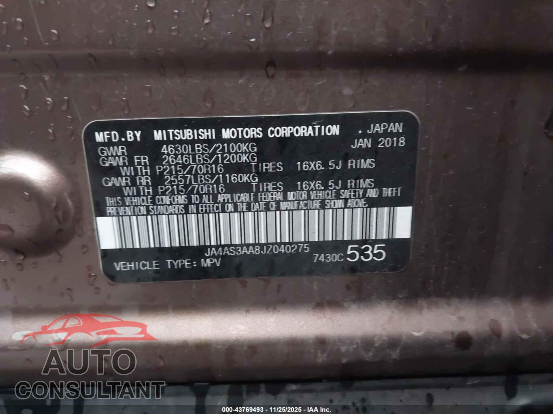 MITSUBISHI ECLIPSE CROSS 2018 - JA4AS3AA8JZ040275